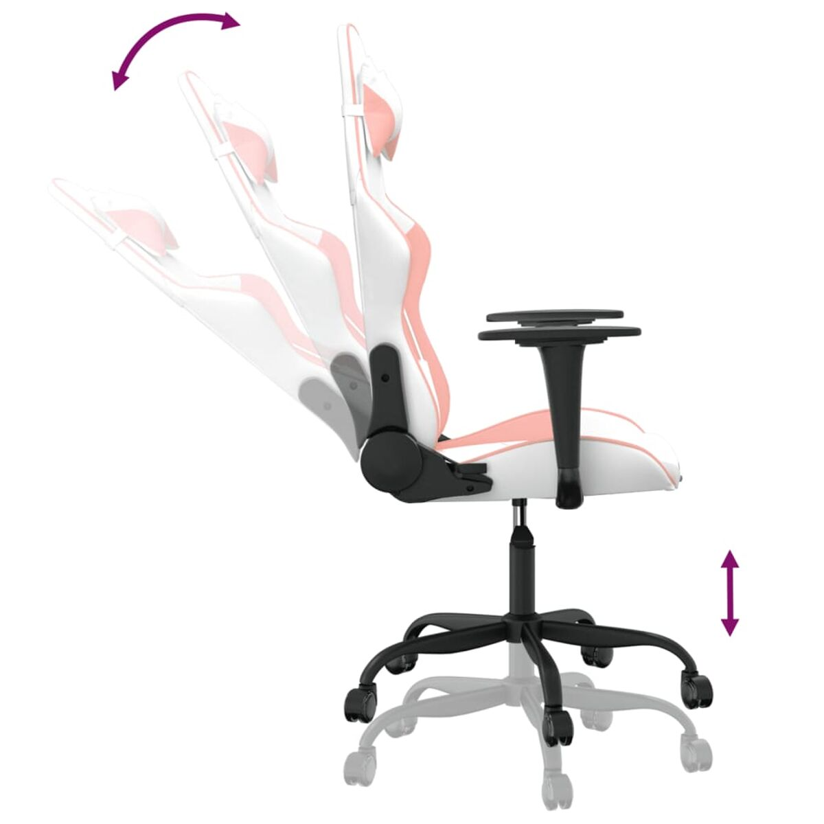 Gaming-Stuhl mit verstellbarer Höhe und Rückenlehne. Weißes und rosa Farbschema, mit schwarzem Gestell und Rollen.