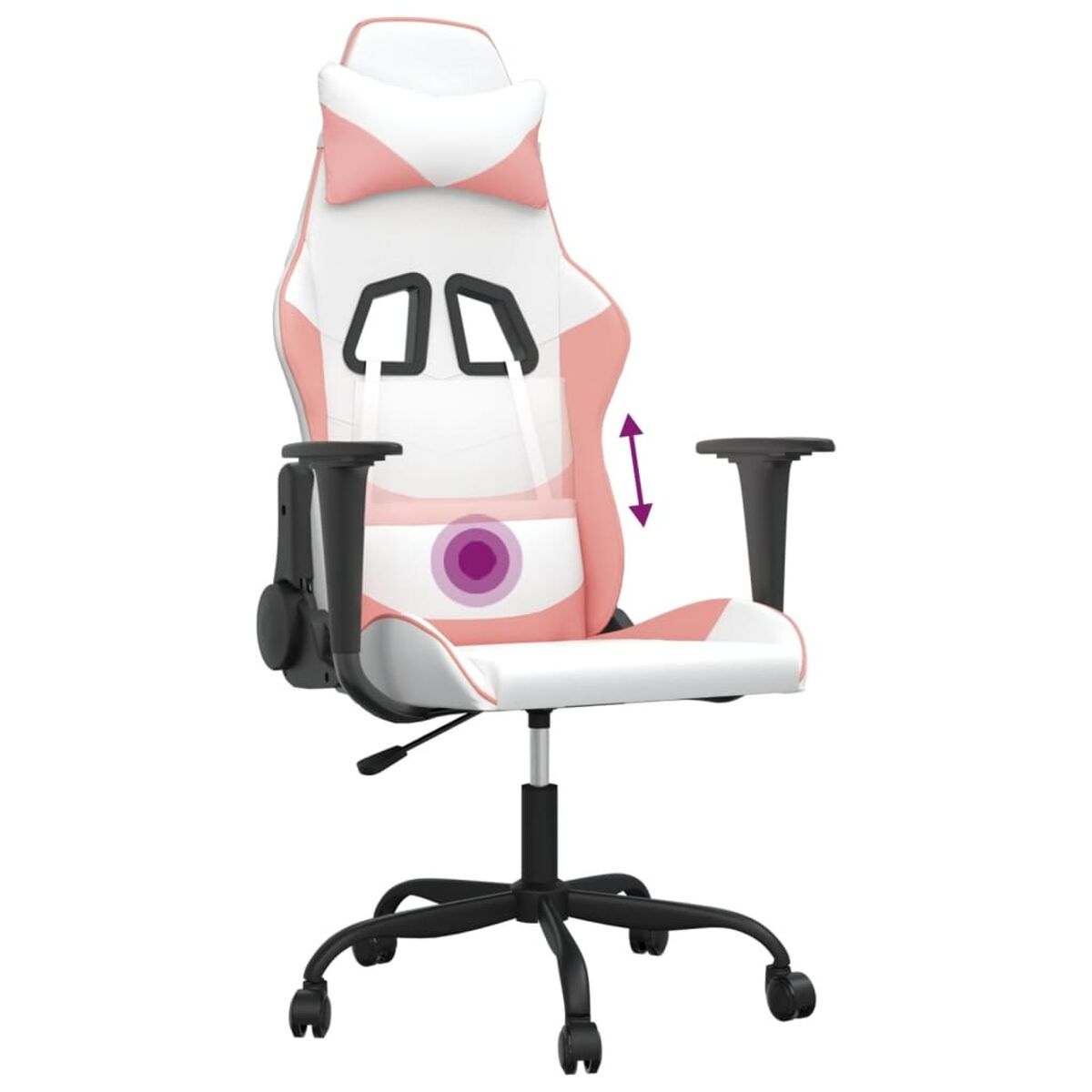 Rosa-weißer Gaming-Stuhl mit verstellbaren Armlehnen und schwarzem Fuß.