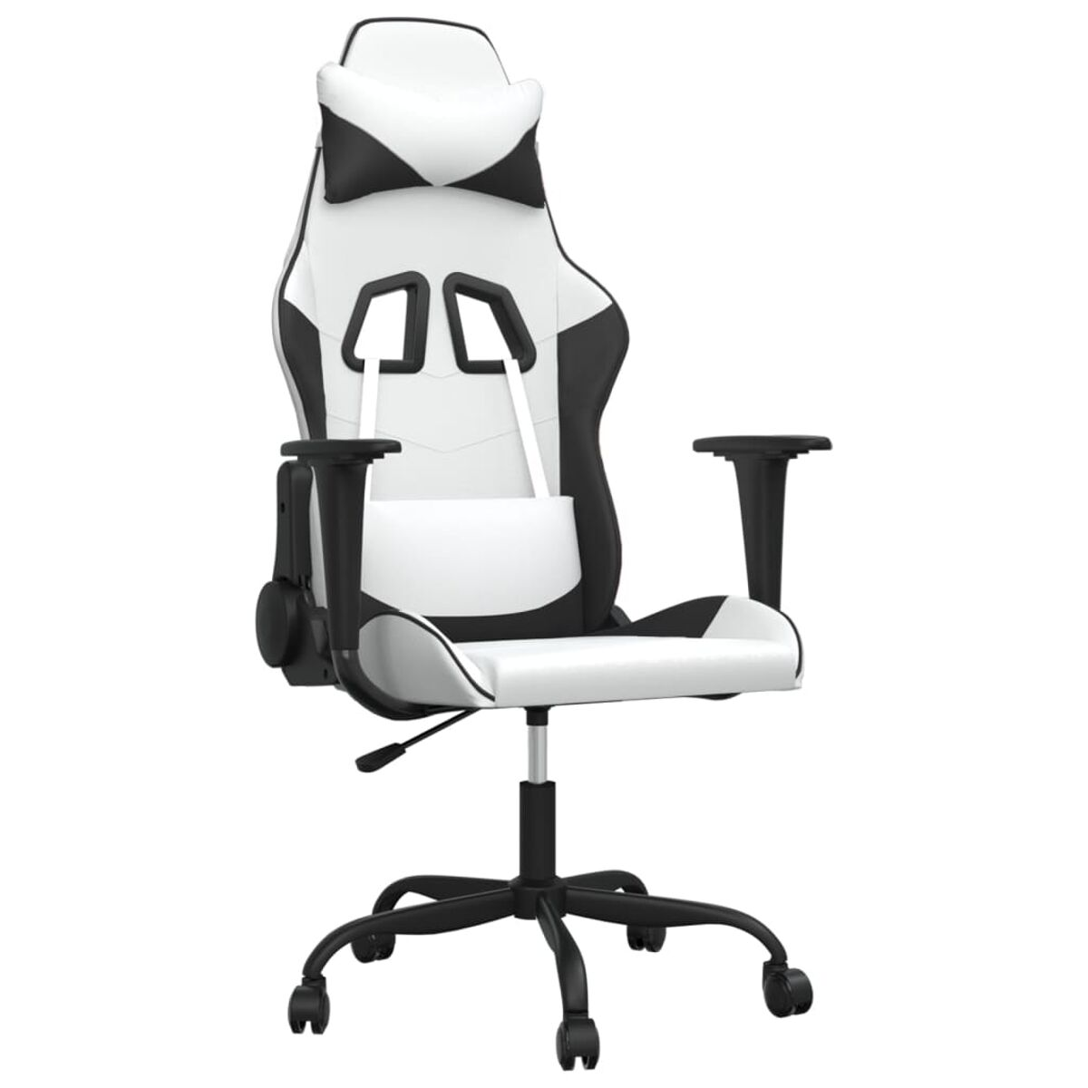Weiß-schwarzer Gaming-Stuhl. Er hat eine Kopfstütze, Rückenlehne, Armlehnen und Räder.