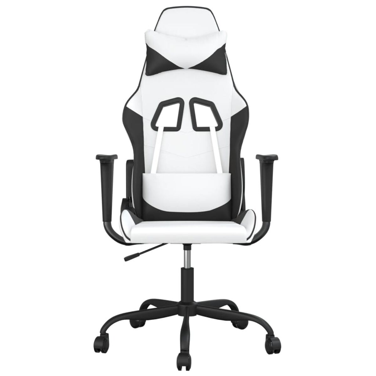 Weiß-schwarzer Gaming-Stuhl. Der Stuhl hat eine hohe Rückenlehne, Armlehnen und ein schwarzes Gestell mit Rollen.