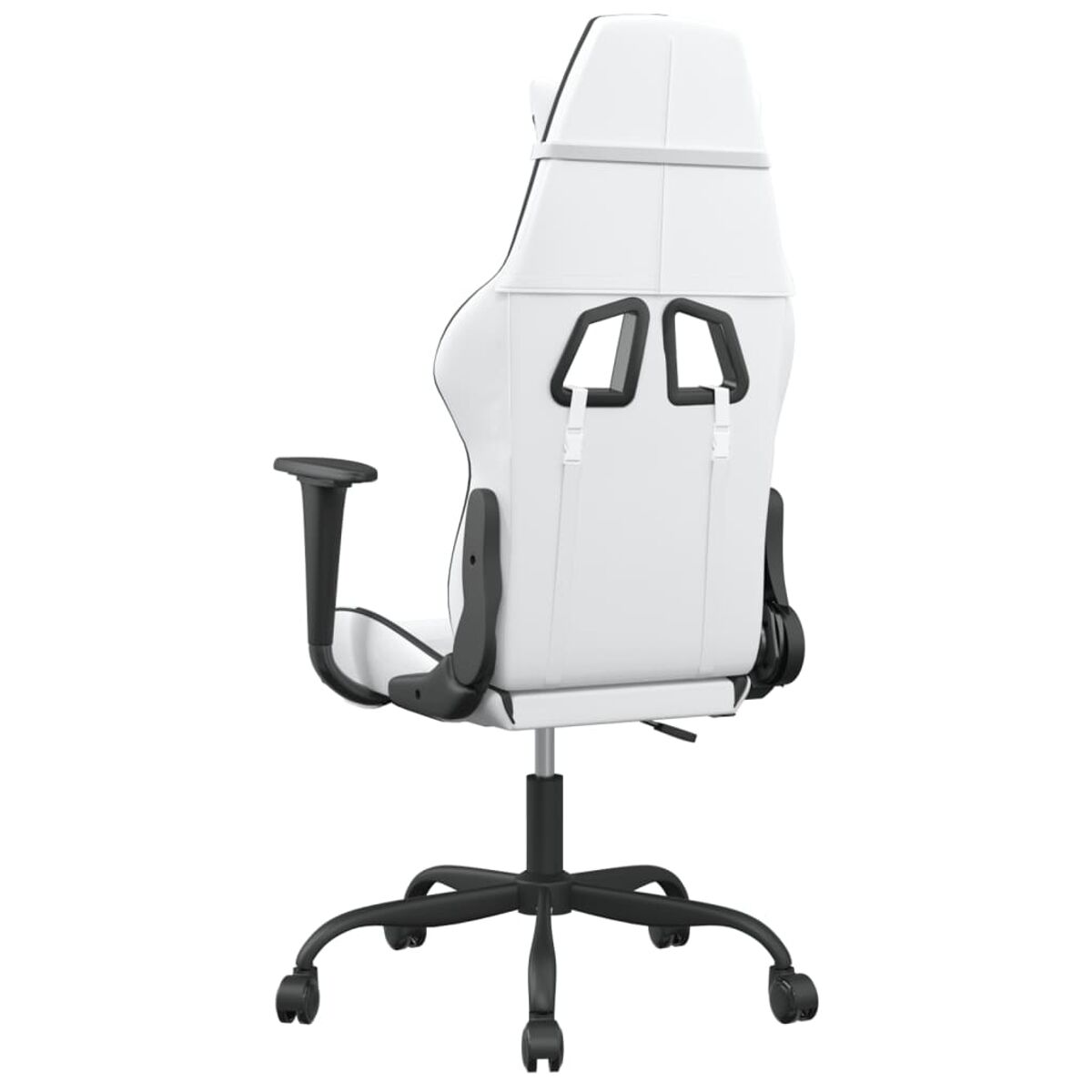 Weißer Gaming-Stuhl, Rückansicht. Schwarze Akzente, zwei Löcher in der Rückenlehne, schwarze Räder.