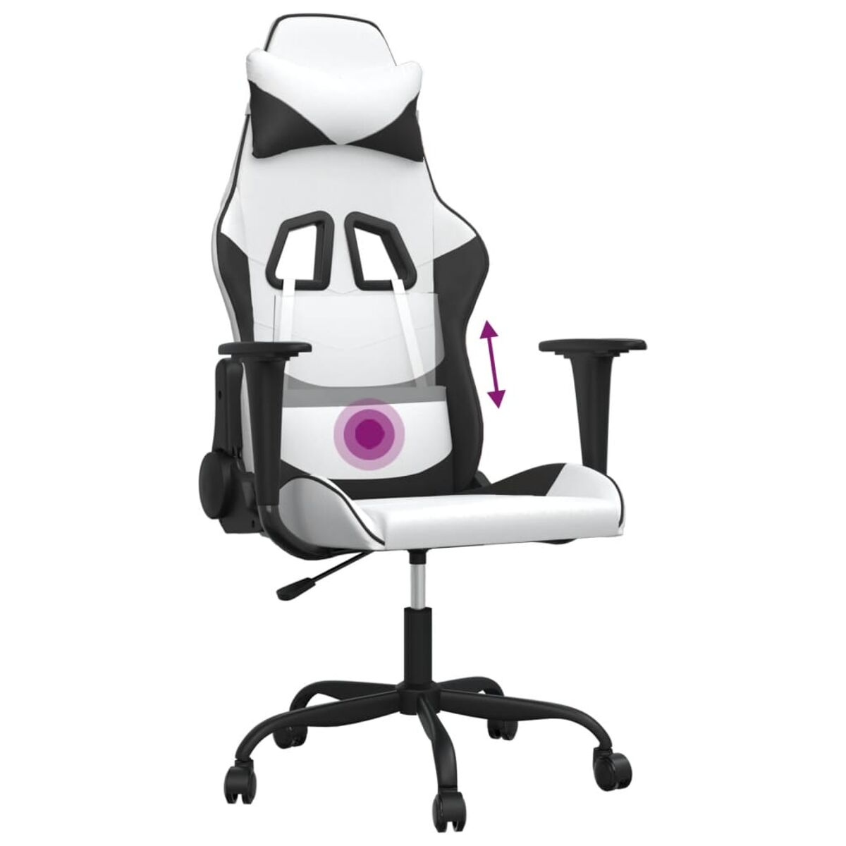 Weiß-schwarzer Gaming-Stuhl mit verstellbarer Höhe. Lila Akzent.