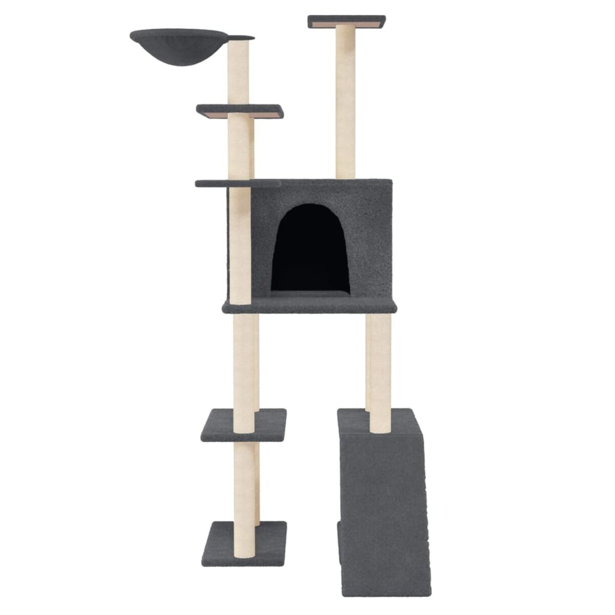 Mehrstöckiger Katzenbaum mit Haus, Plattformen und oberer Sitzfläche.