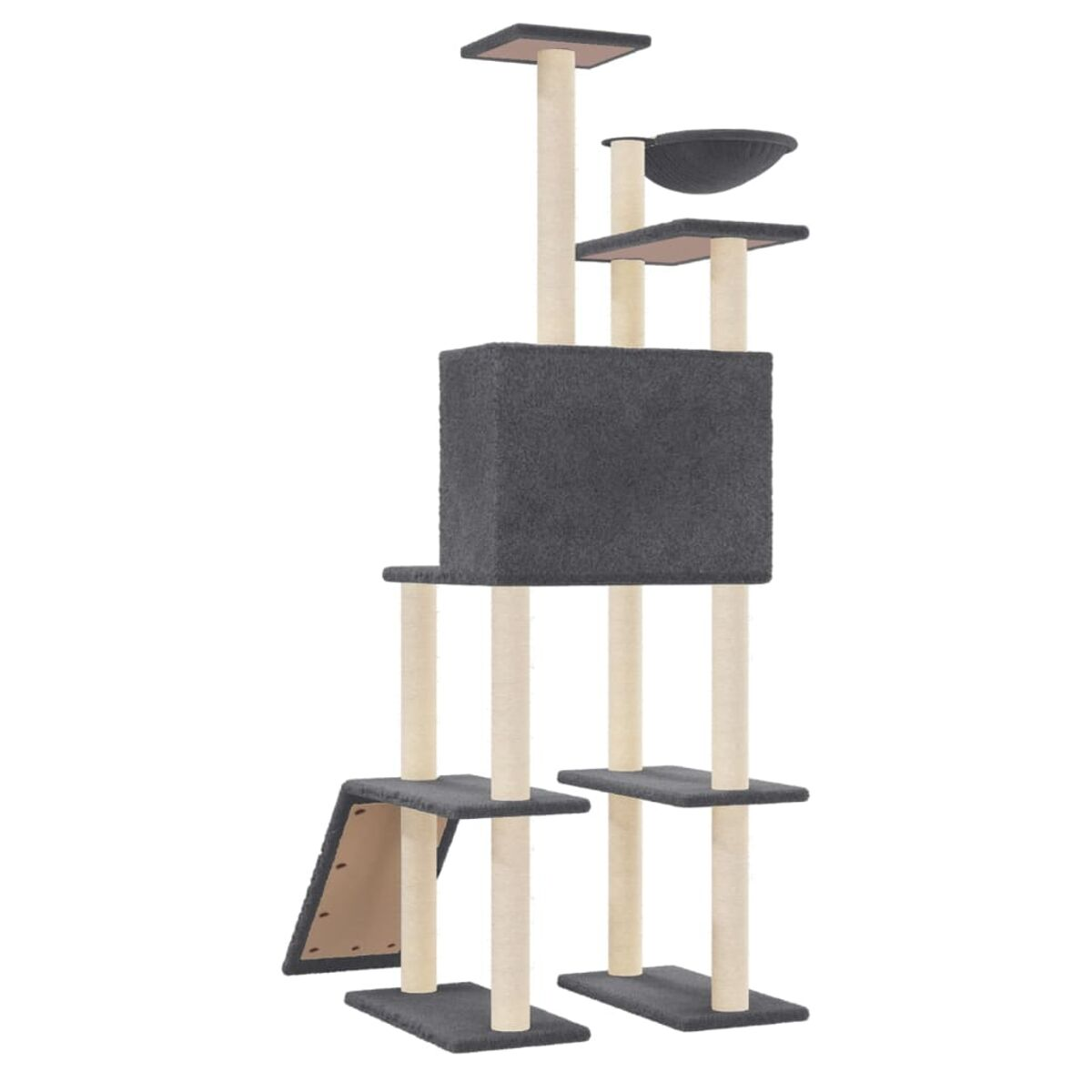 Hoher Katzenbaum mit Plattformen, einer Box und einer hängemattenartigen Schale, alles in neutralen Tönen.