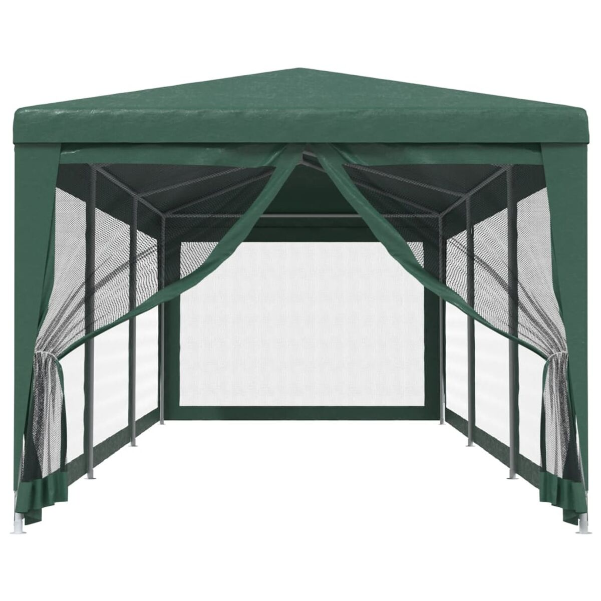 Grüner Pavillon mit Netzwänden und Vorhängen, vor weißem Hintergrund.