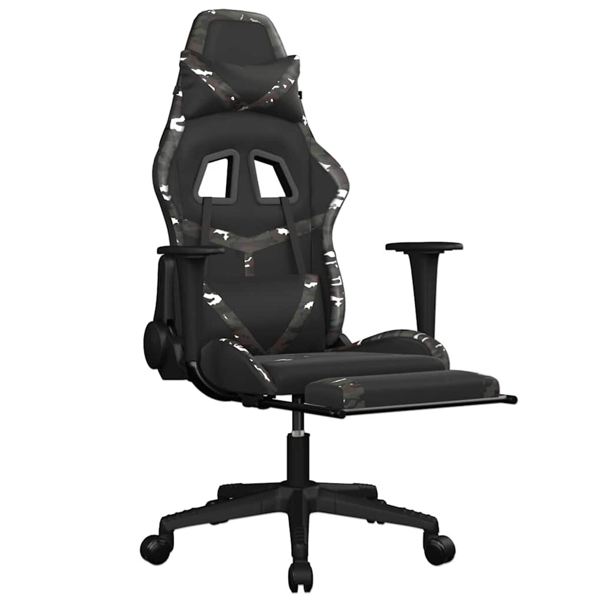 Gaming-Stuhl mit Tarnmuster in Schwarz, Grau und Rot. Er hat eine Kopfstütze und eine Fußstütze.