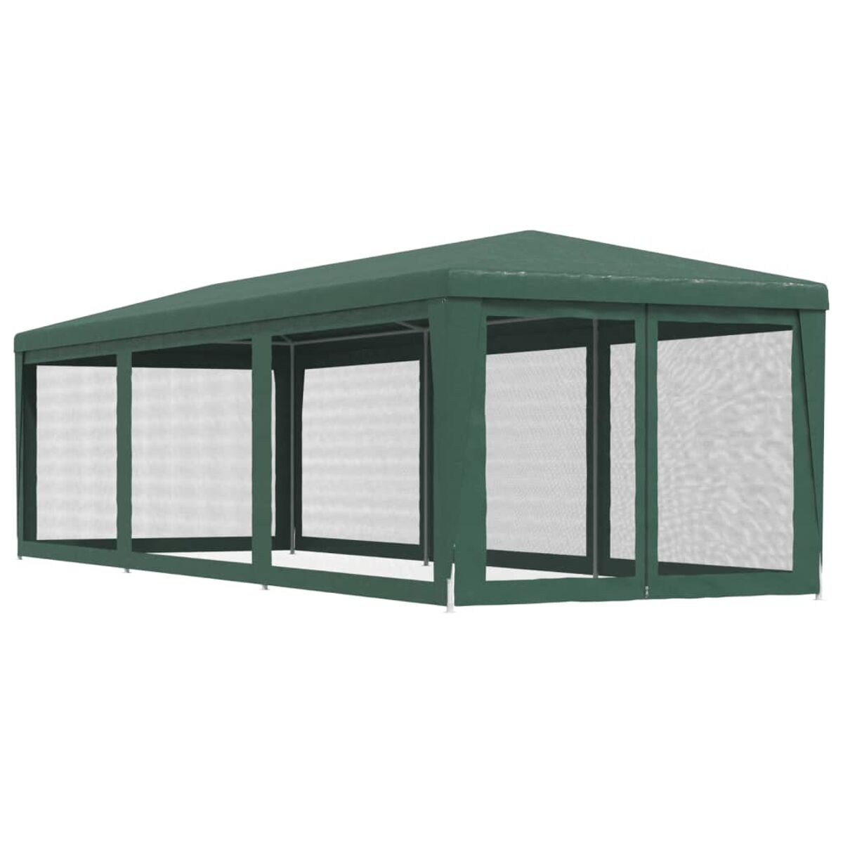 Grüner Pavillon mit Maschenwänden. Rechteckige Form, weißer Rahmen. Draußen, tagsüber.