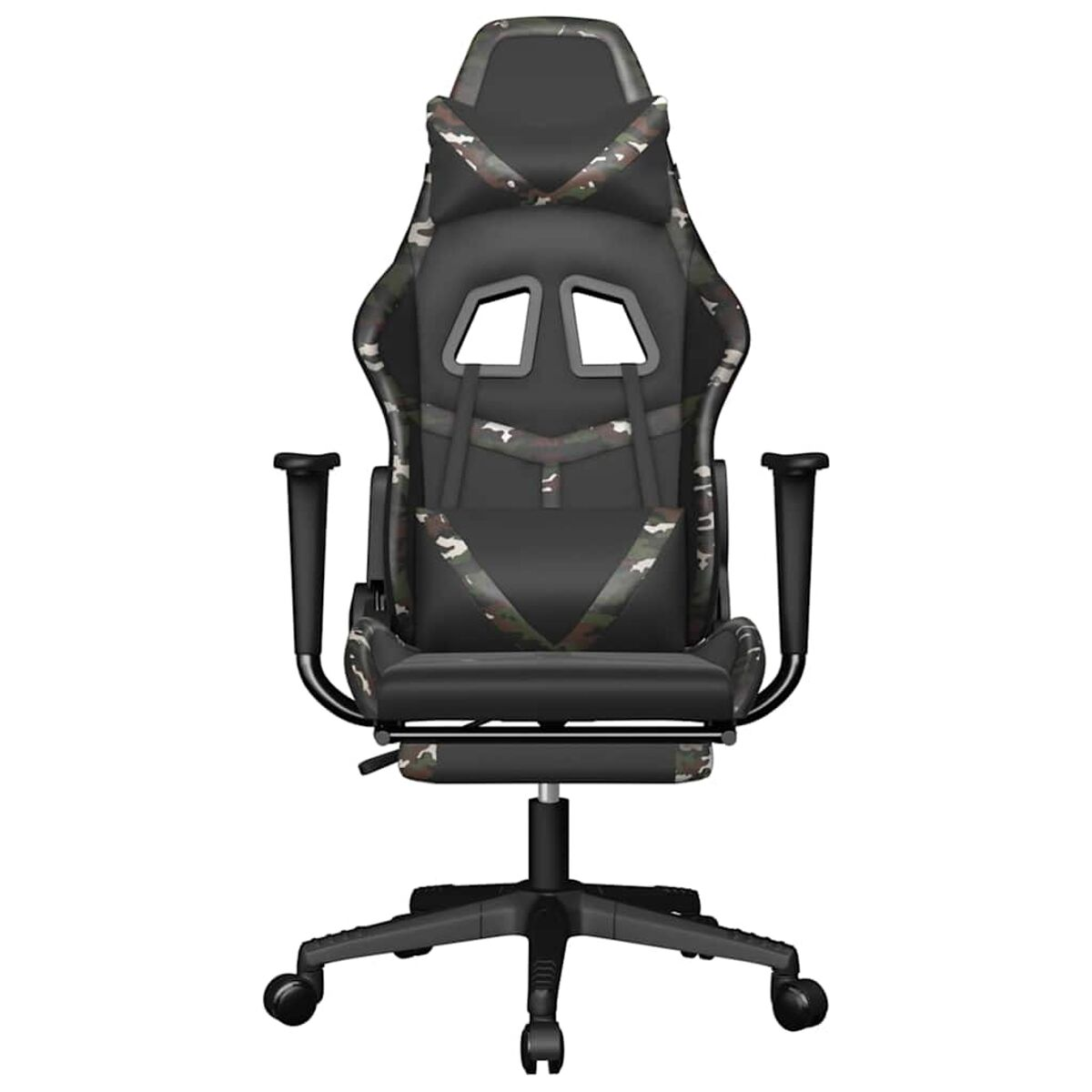 Schwarzer Gaming-Stuhl mit Camouflage-Muster auf Rückenlehne und Sitz, mit schwarzen Armen, Fuß und Rollen.
