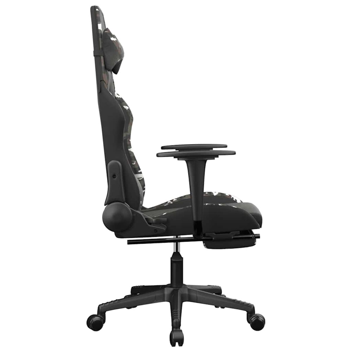 Schwarzer Gaming-Stuhl, Seitenansicht, mit Kopfstütze, Armlehnen und Rädern.