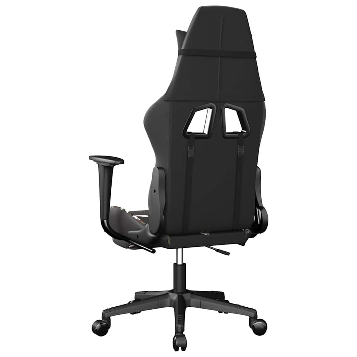Die Rückseite eines schwarzen Gaming-Stuhls. Es zeigt die Rückenlehne und die Räder.