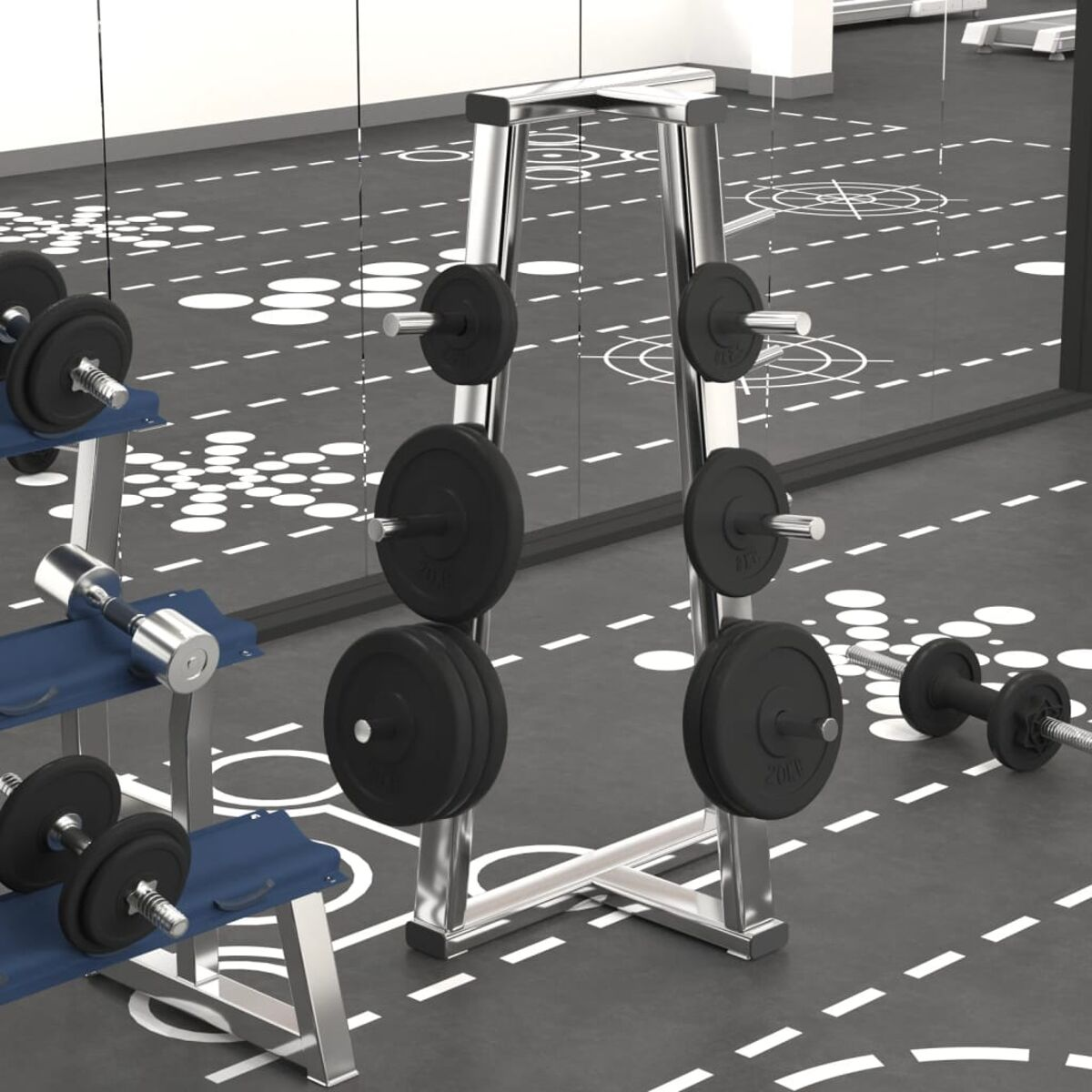 Ein Fitnessstudio-Innenraum mit Gewichten, Gestellen und einem Spiegel. Der Boden hat Markierungen. Ein Gewichtsregal in der Mitte.