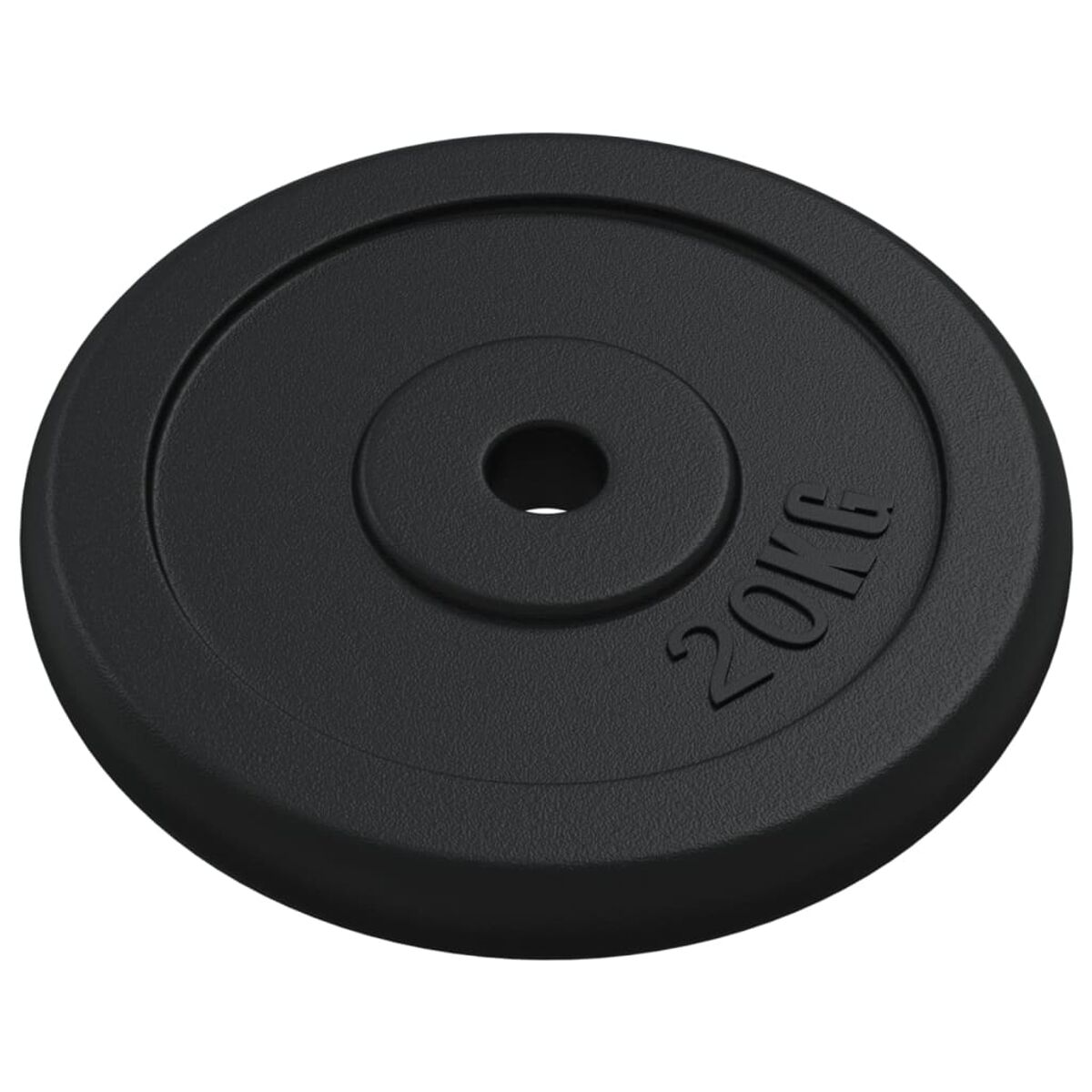 Schwarze 20KG Hantelscheibe. Das Gewicht ist in weißen Buchstaben geschrieben.