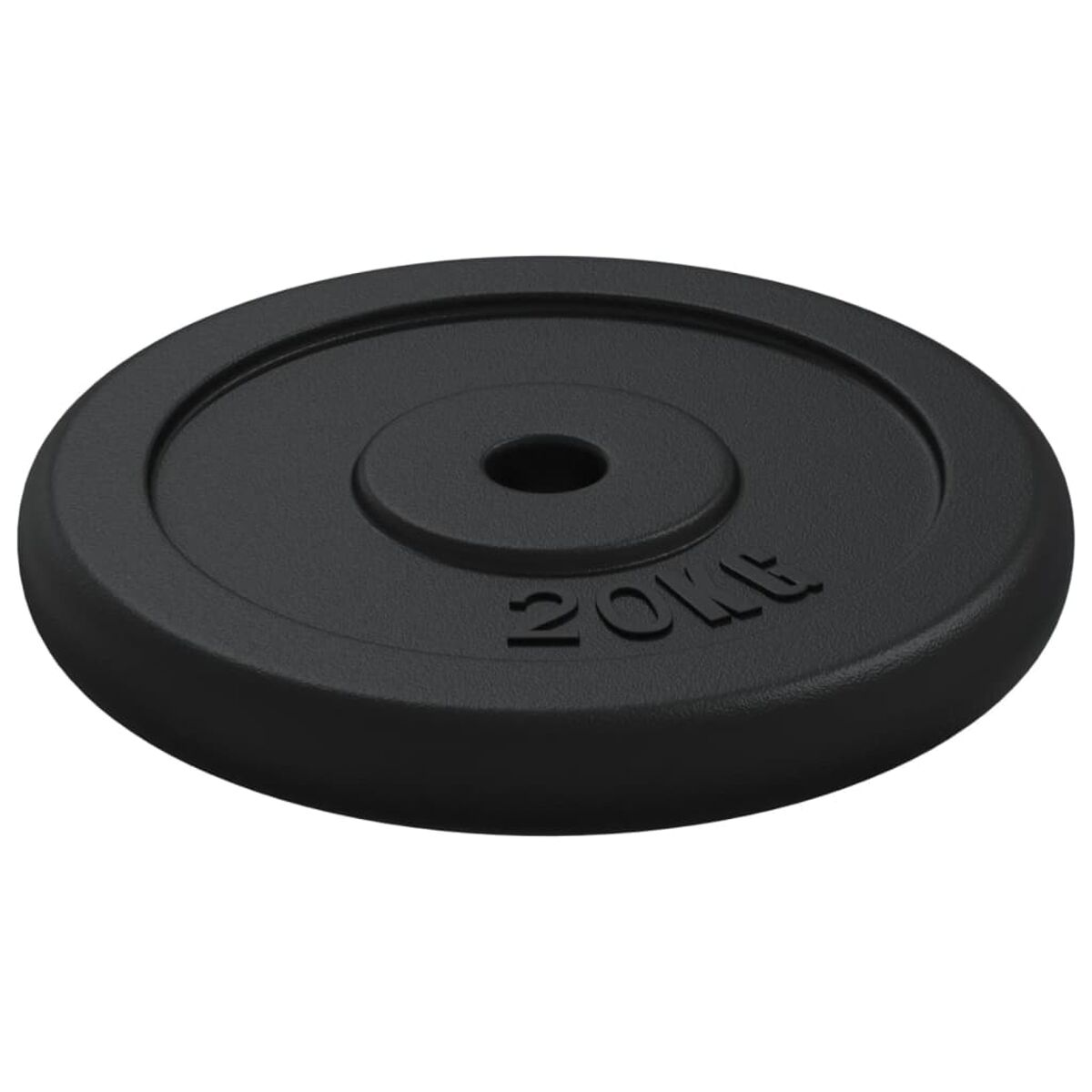 Schwarze Hantelscheibe mit eingeprägtem Text 20KG. Die Scheibe ist kreisförmig und flach.