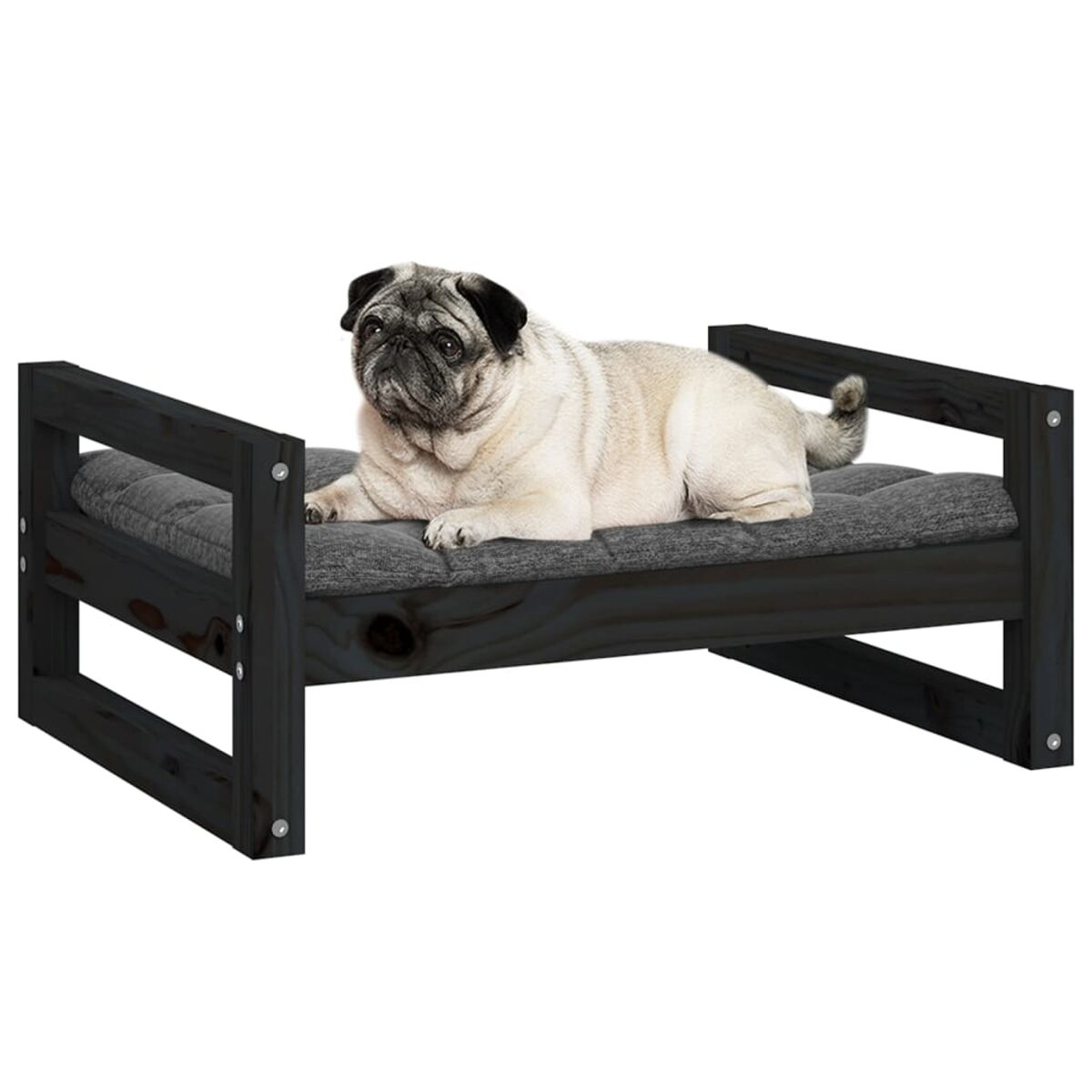 Schwarzes Hundebett mit einem Mops darauf. Schwarzer Rahmen, graues Kissen. Weißer Hintergrund.
