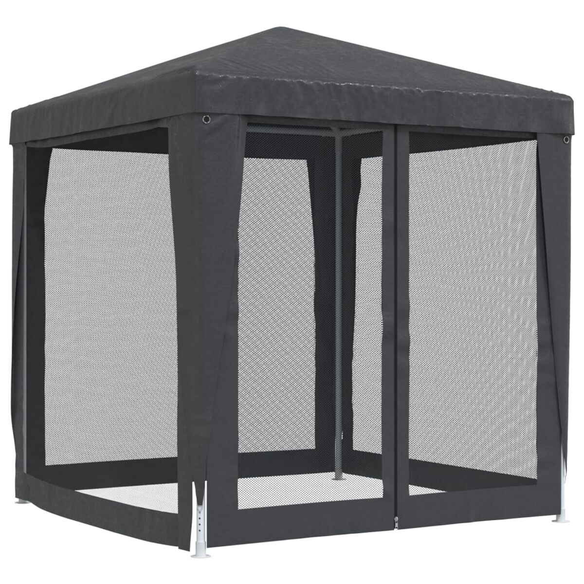 Ein grauer Pavillon mit Gitterwänden auf einer weißen Oberfläche. Er ist mit einem Spitzdach umschlossen.