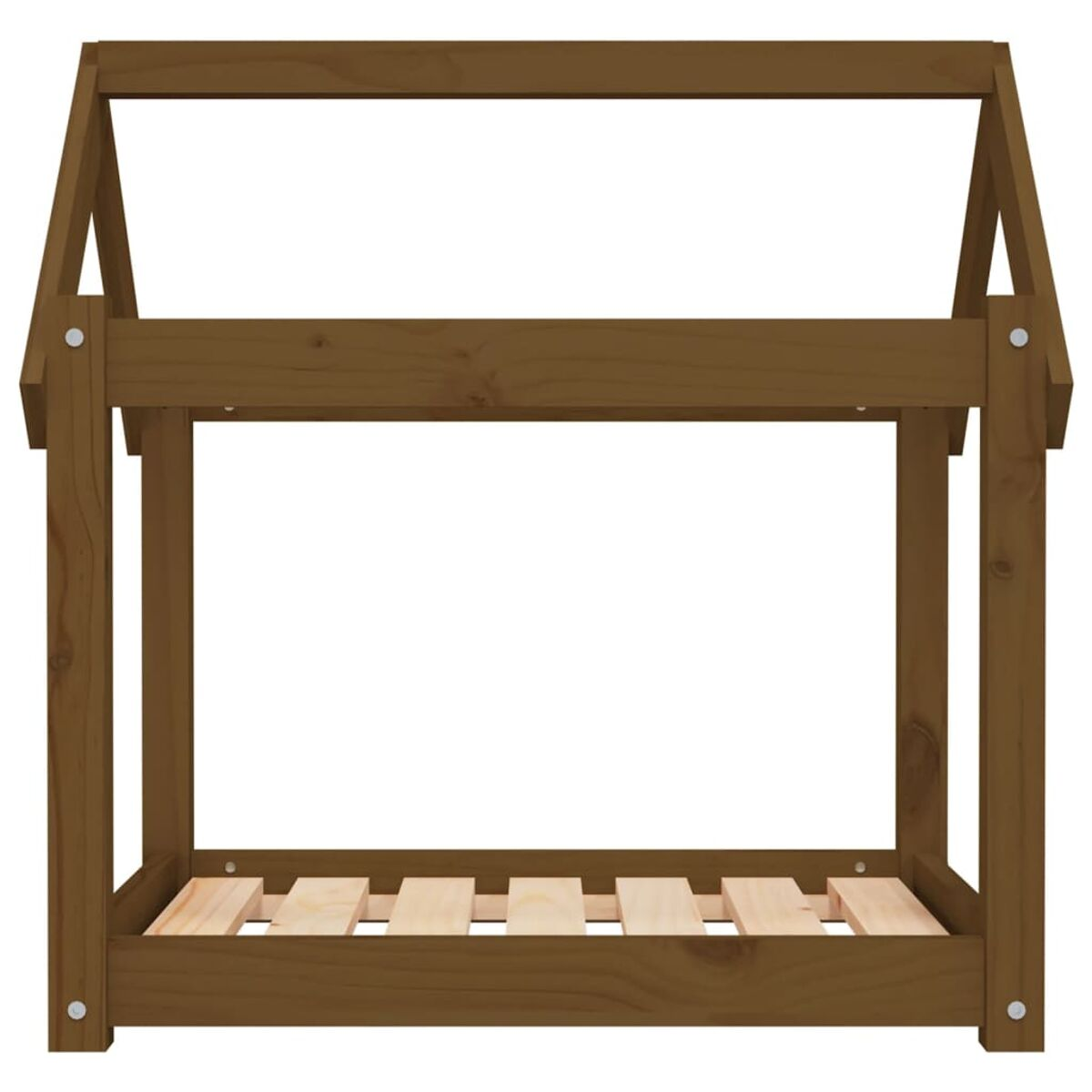 Braunes, hausförmiges Bettgestell aus Holz mit Lattenrost. Einfaches und robustes Design.