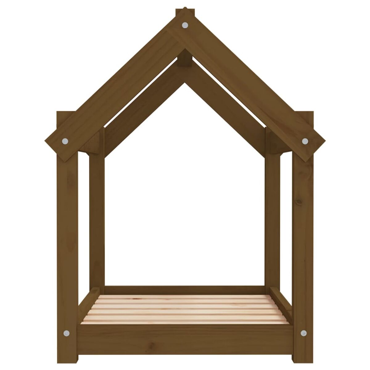 Bettrahmen in Form eines Holzhauses. Es hat ein einfaches Design mit offener Front und Lattenrost.