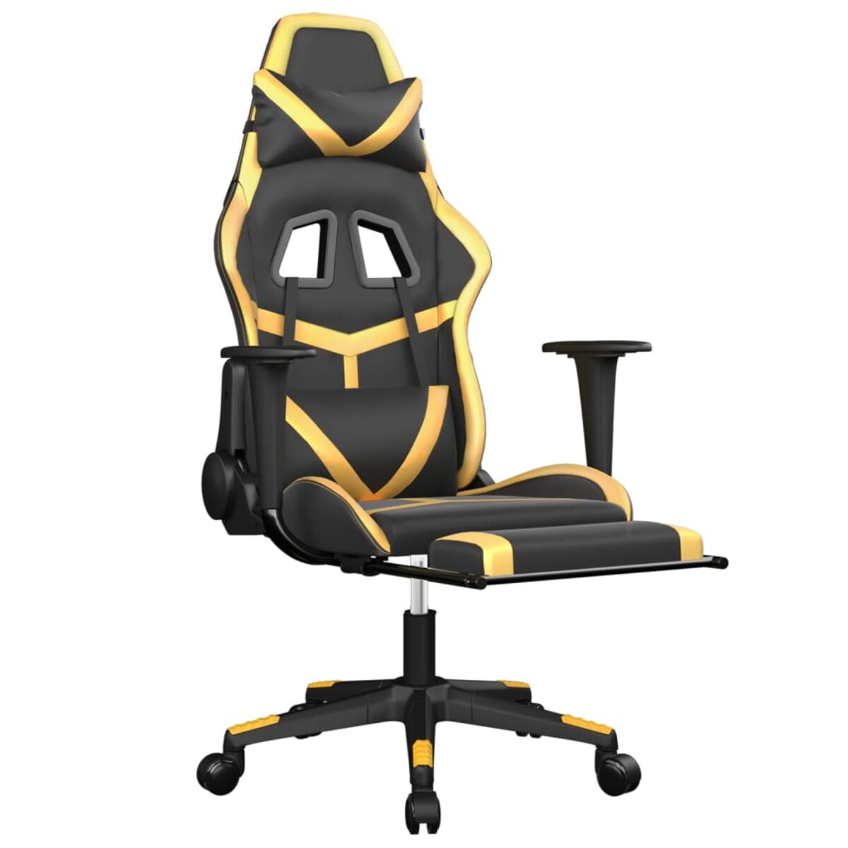 Ein schwarz-goldener Gaming-Stuhl mit Kopfstütze, Armlehnen und Fußstütze auf weißem Hintergrund.