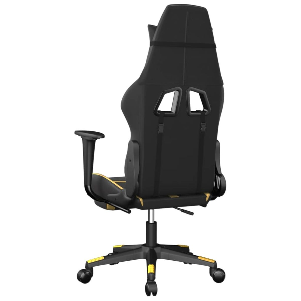 Schwarzer Gaming-Stuhl, von hinten gesehen, mit gelben Akzenten und Rädern.