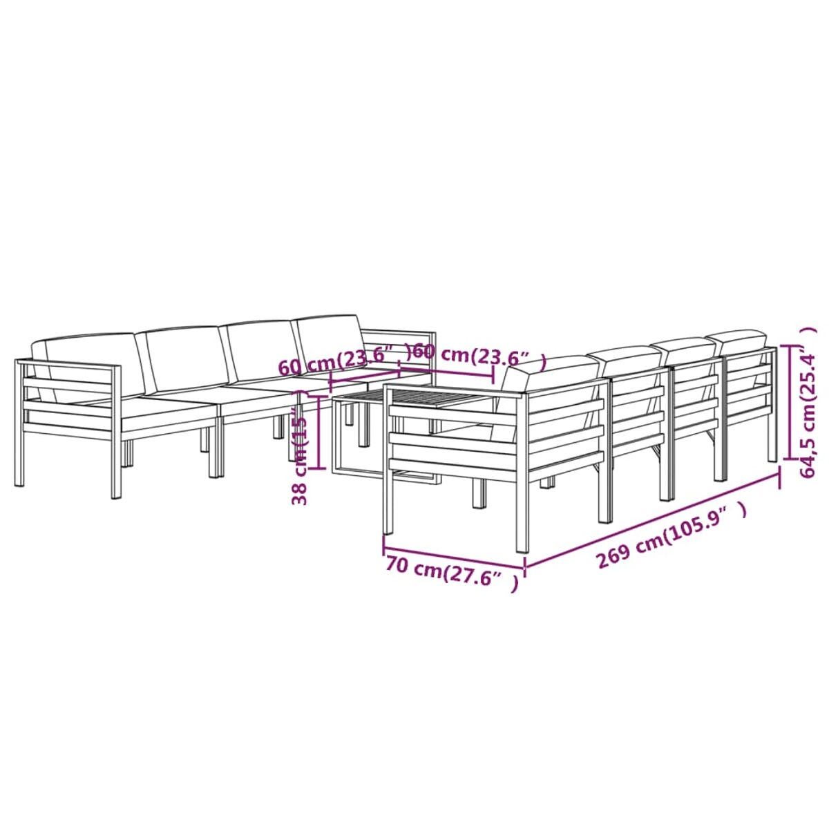 Diagramm eines Rattansofa-Sets mit Couchtisch. Maße in cm. Weißer Hintergrund.