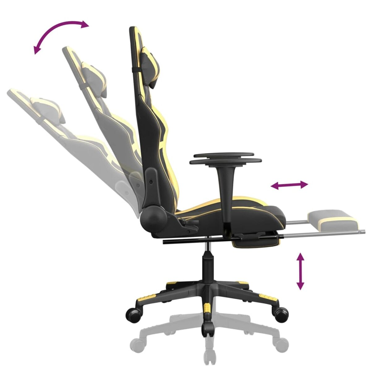 Gelb-schwarzer Gaming-Stuhl. Pfeile zeigen verstellbare Höhe, Rückenwinkel und Armlehnen.