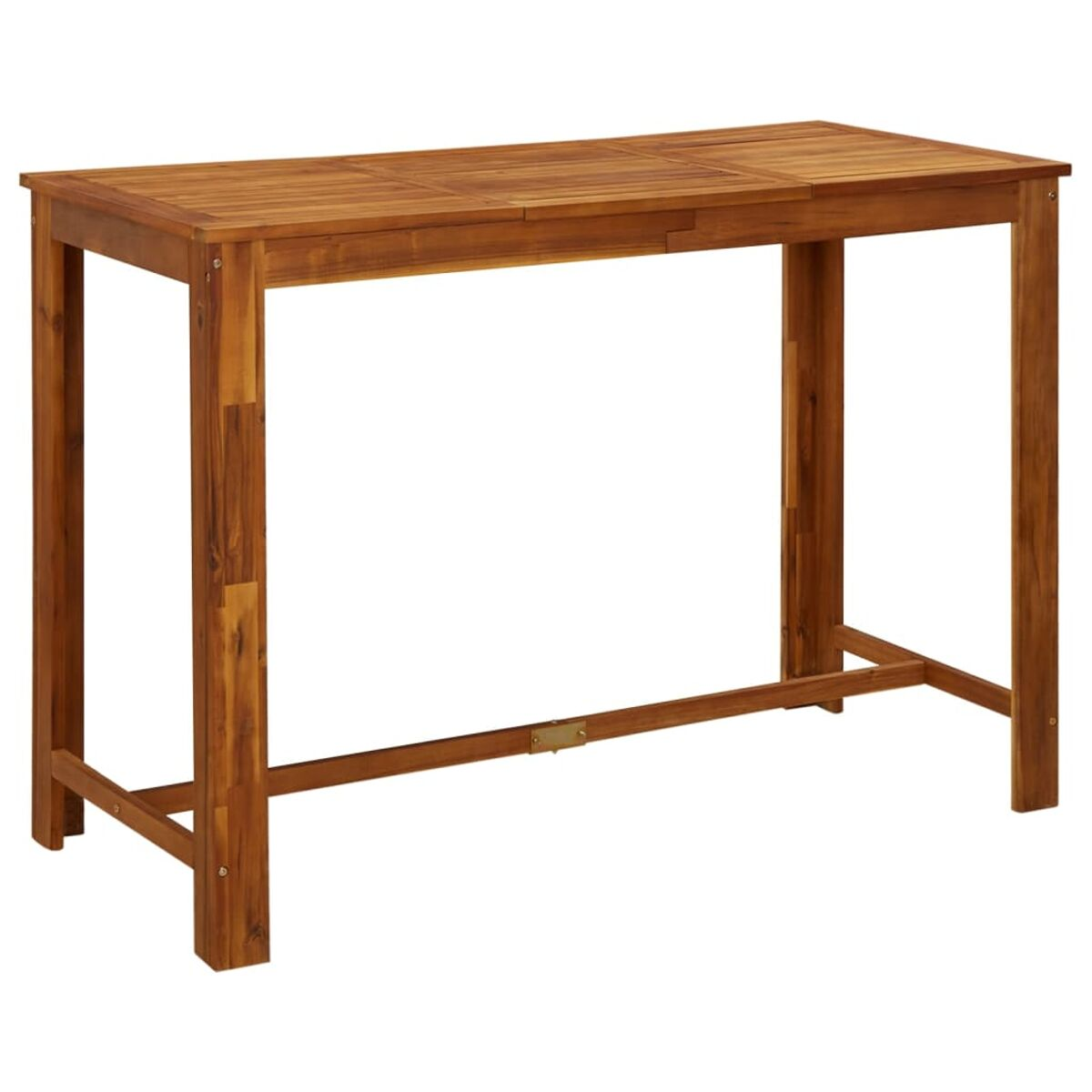 Ein hölzerner Bartisch mit vier Beinen. Es ist braun, mit horizontaler Stütze und klarer Holzmaserung.