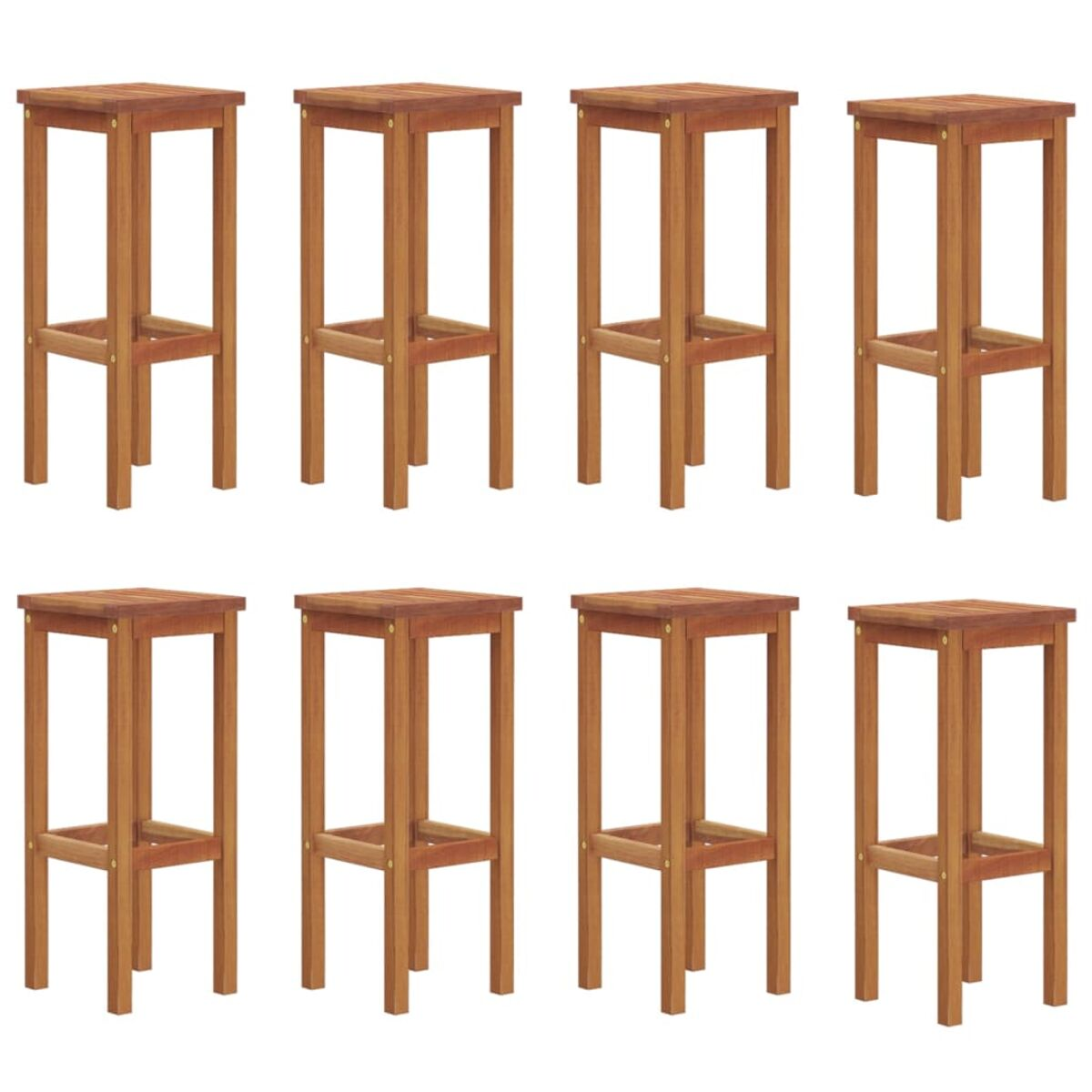 Acht Barhocker aus Holz. Jeder hat einen quadratischen Sitz und eine Fußstütze.