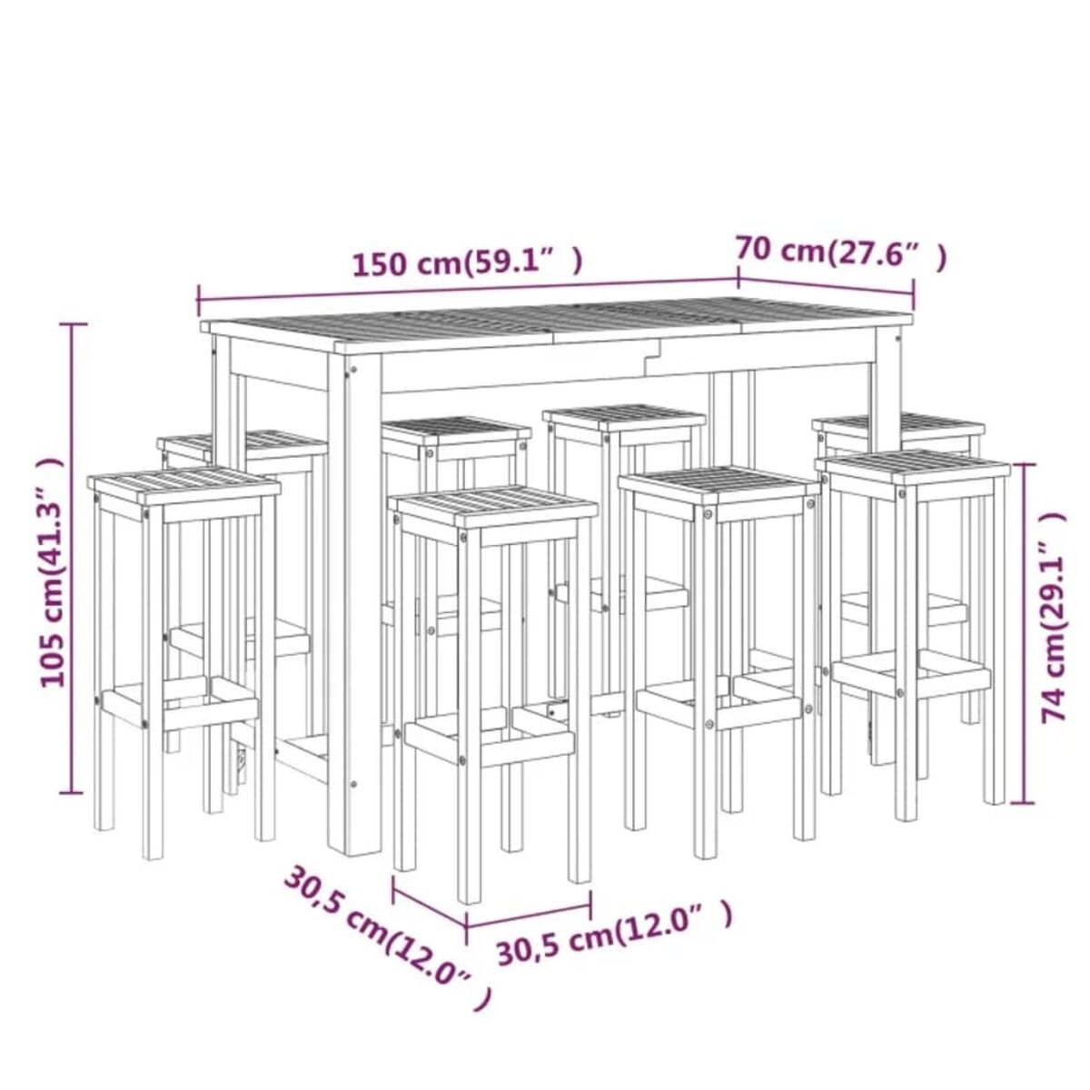 Holztisch und Hocker mit Maßen. Der Tisch hat eine rechteckige Form.
