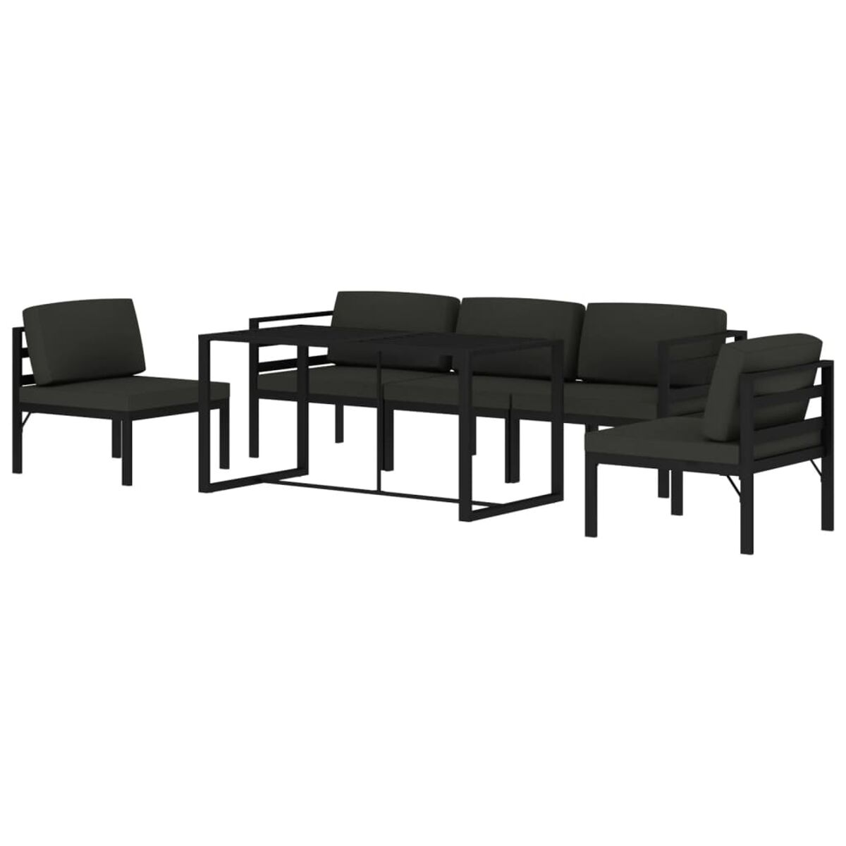 Outdoor-Set aus schwarzer Möbeln: Sofa, Stühle und Tisch. Schwarzes Metallgestell, dunkelgraue Kissen.