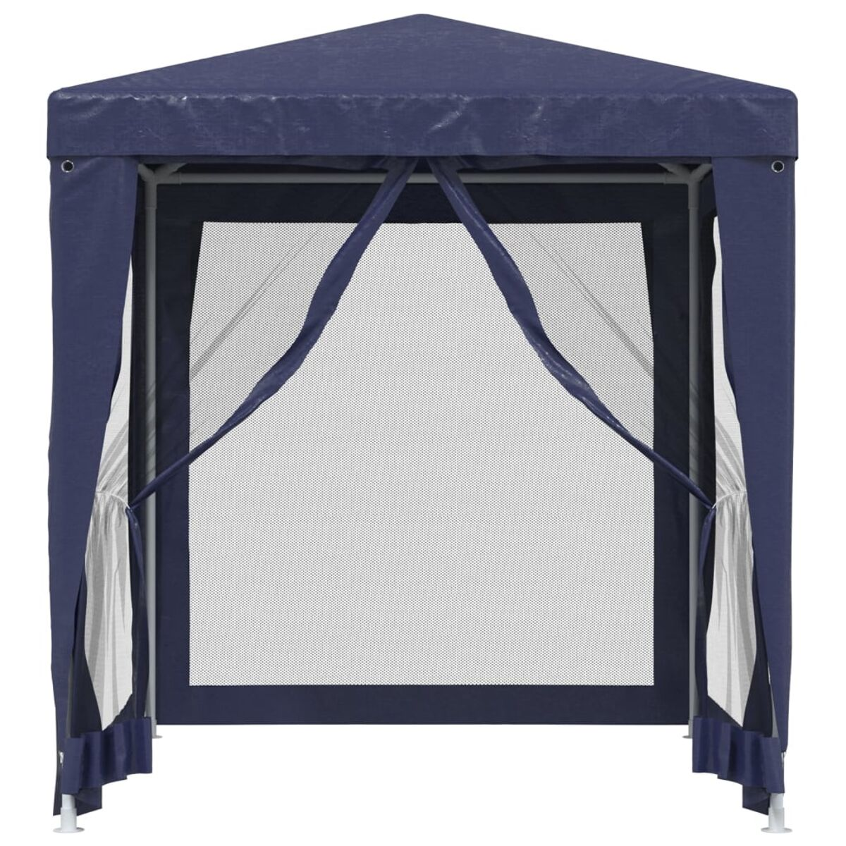 Ein blauer Pavillon mit einem Netz und weißen Pfosten.