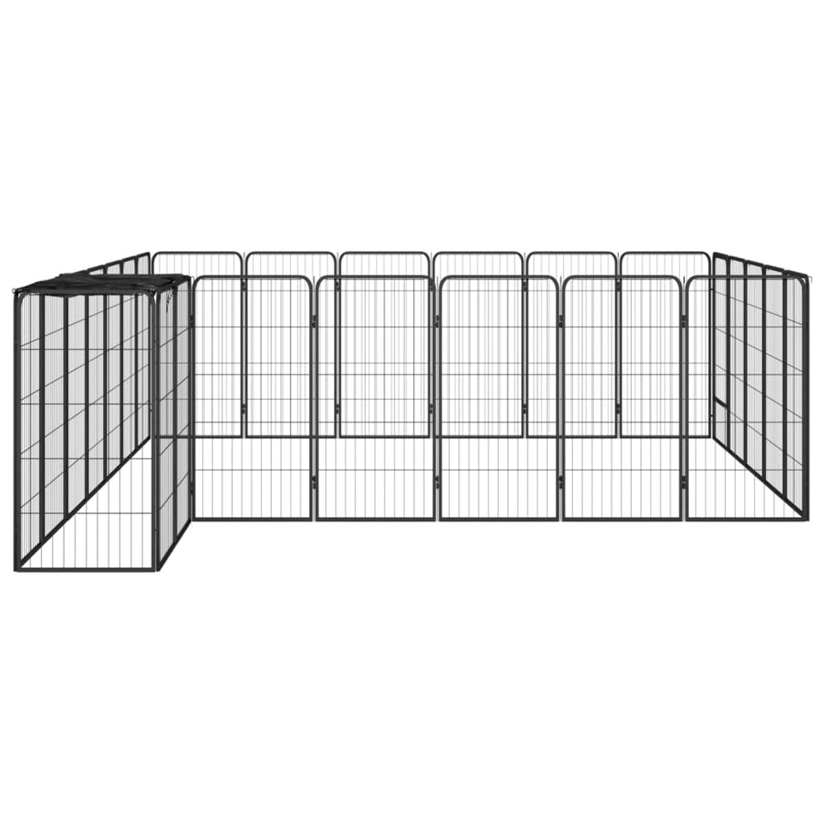 Schwarzer Metall-Hundeauslauf, rechteckige Form mit mehreren Paneelen.
