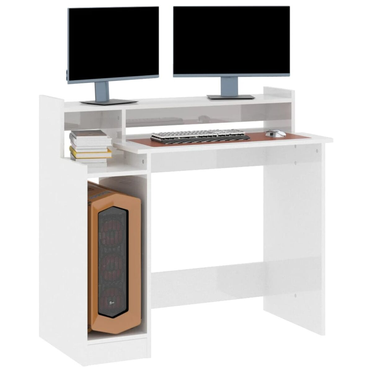 Ein weißer Computertisch mit zwei Monitoren, einer Tastatur und einem Computerturm.