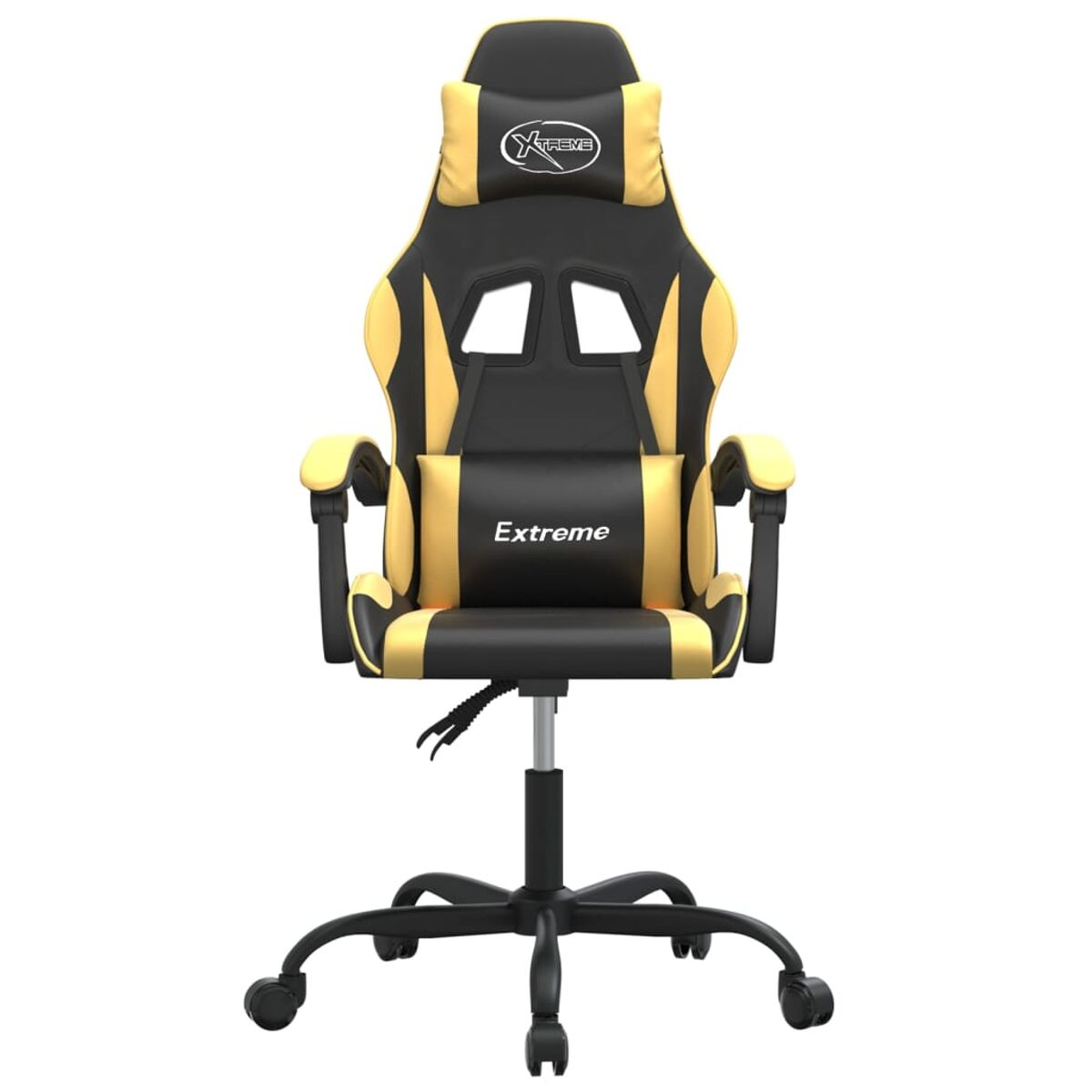 Gelb-schwarzer Gaming-Stuhl. Mit Kopfstütze, Lendenwirbelstütze und Armlehnen. Schwarze Basis.
