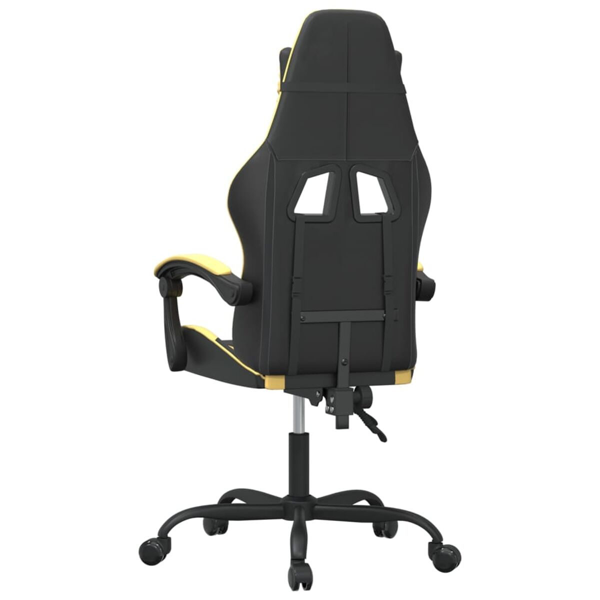 Ein schwarz-gelber Gaming-Stuhl, von hinten betrachtet. Er hat Räder.