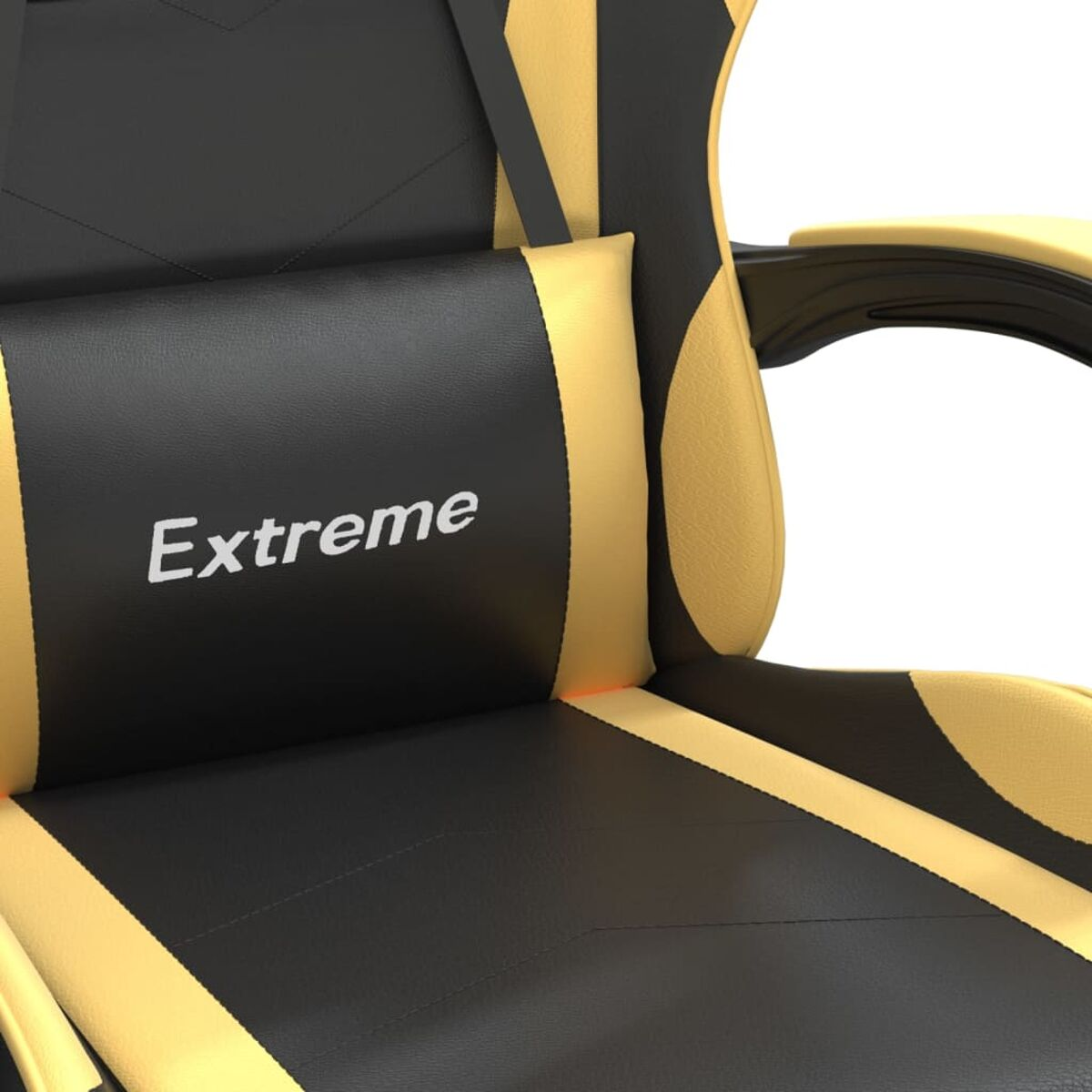 Ein schwarz-goldener Gaming-Stuhl mit dem Wort "Extreme" auf dem Kissen.