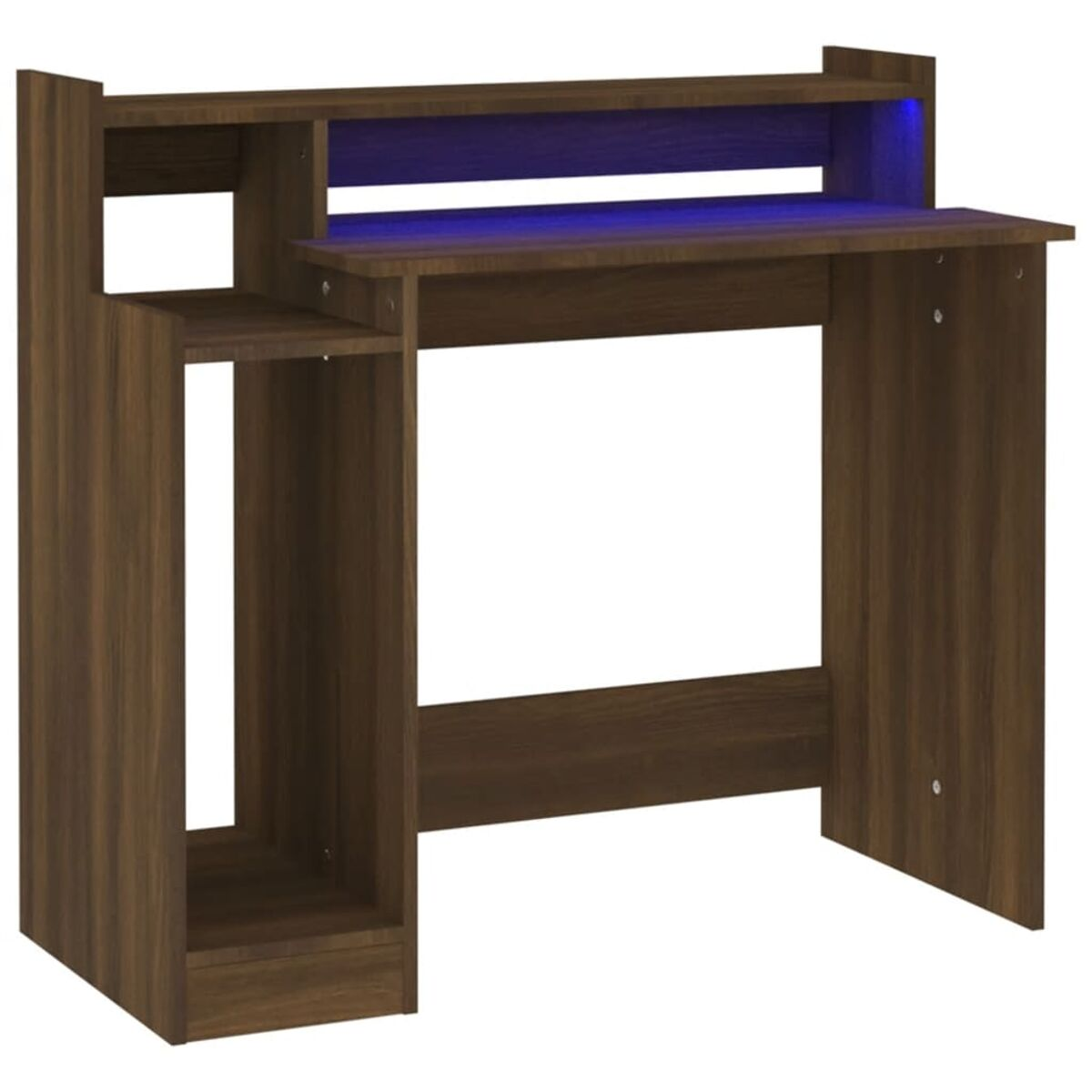 Holzschreibtisch mit braunem Finish, Regalen und einem blau beleuchteten Bereich.