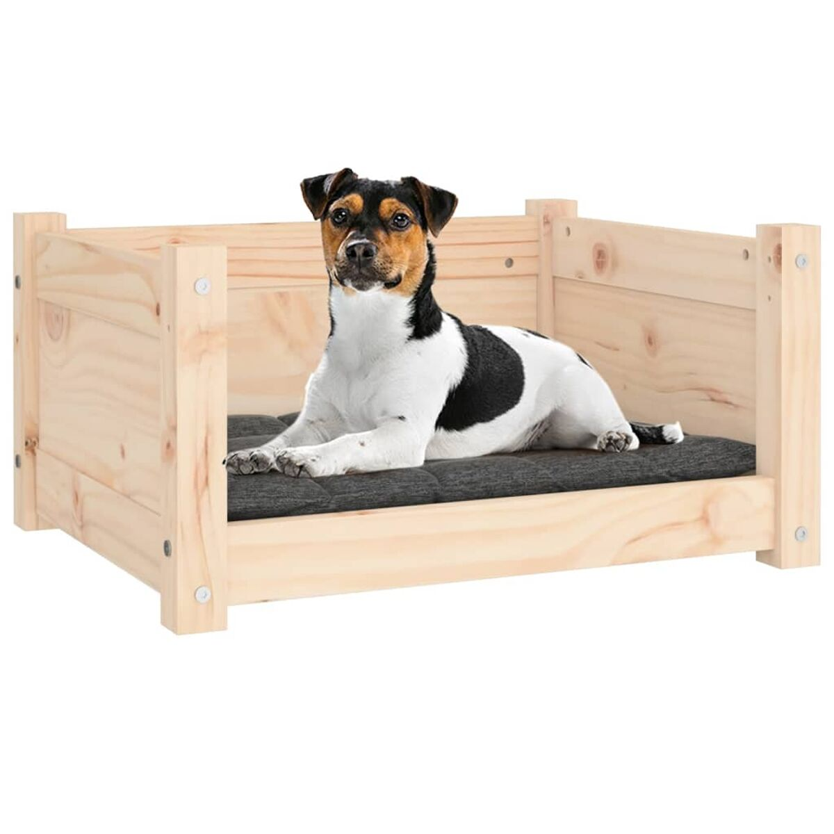 Ein Hundebett aus Holz mit einem schwarz-weißen Hund, der auf einem grauen Kissen liegt.