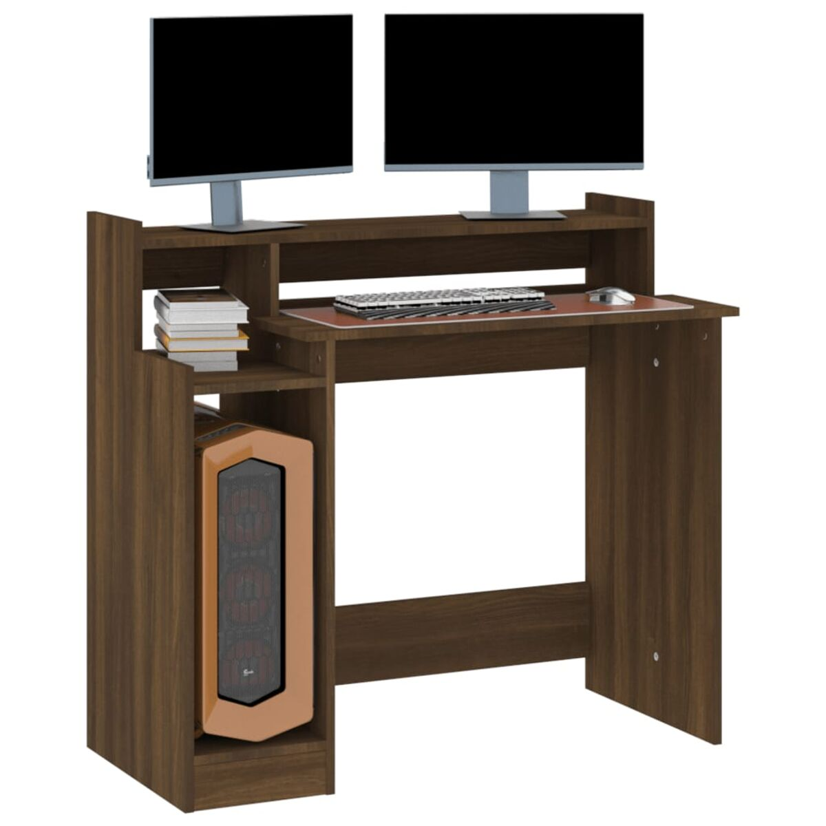 Computertisch aus Holz mit zwei Monitoren, Tastatur und Computerturm. Braune Farbe.