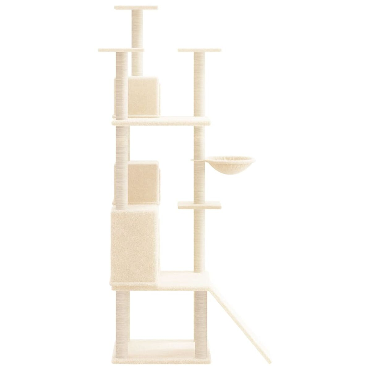 Hoher Katzenbaum mit mehreren Plattformen, einer Rampe und einer Hängematte. Beige Farbe.