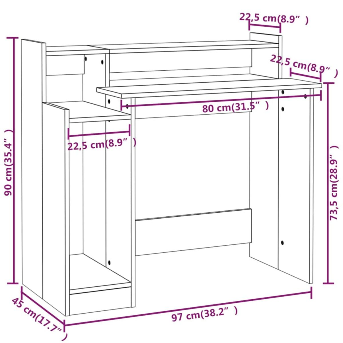 Weißer Schreibtisch mit beschrifteten Abmessungen. Er verfügt über ein Regal, eine Schreibtischoberfläche und einen Schrank.