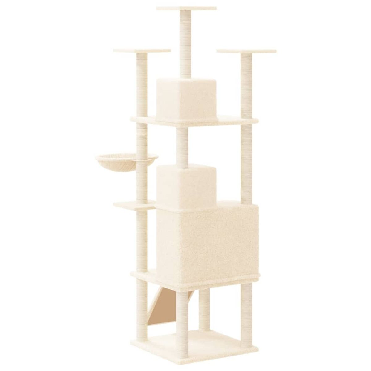 Beiger Katzenbaum mit mehreren Plattformen, Würfeln und einer Hängematte, alles vor weißem Hintergrund.