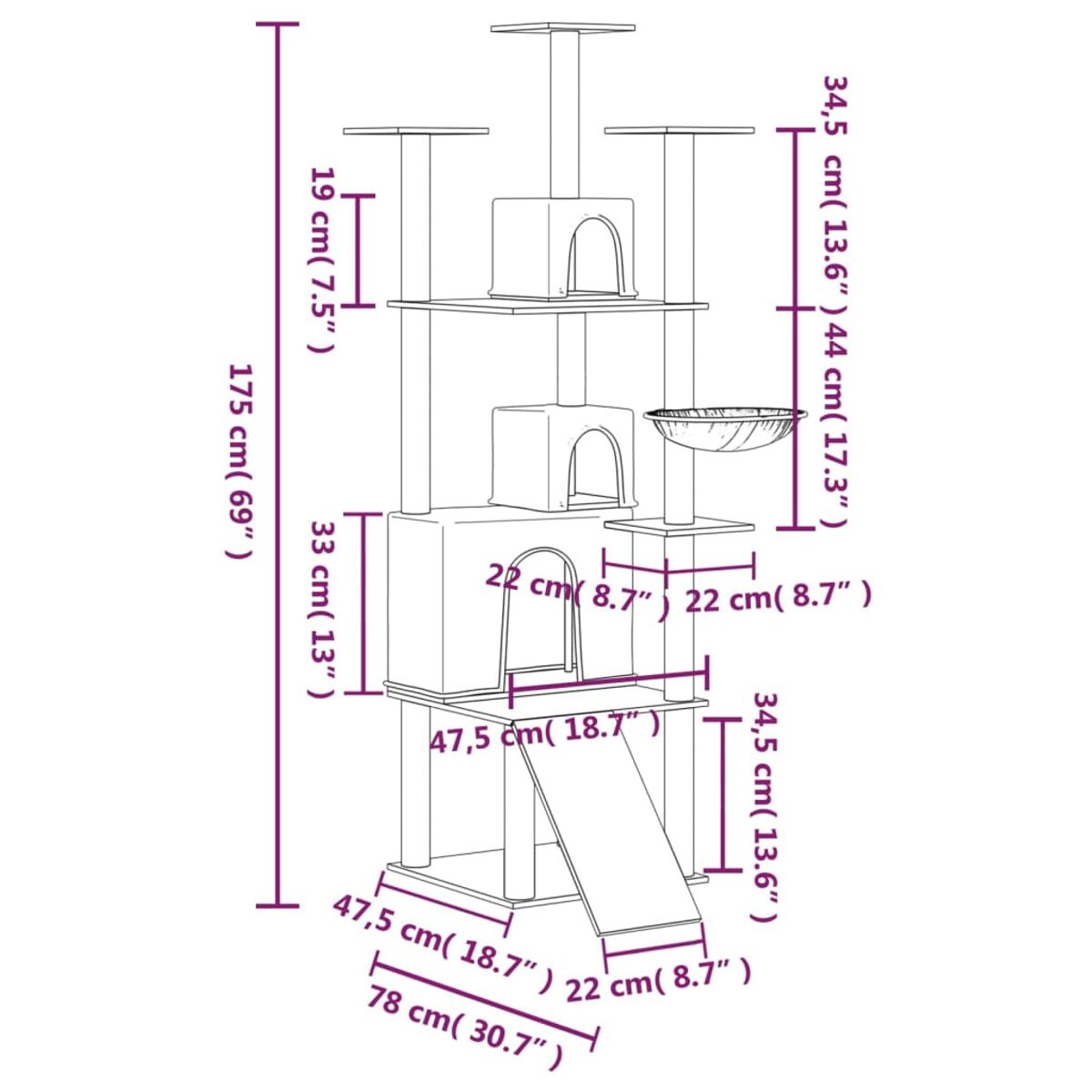 Diagramm eines hohen Kratzbaums mit mehreren Ebenen, Plattformen und einer Rampe.