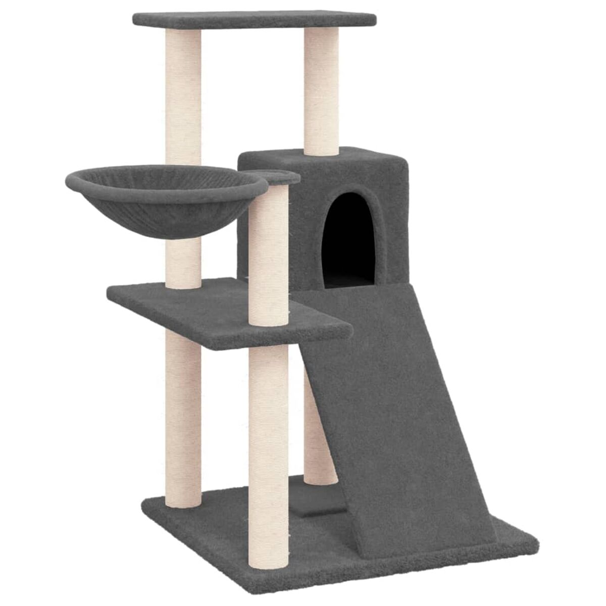 Katzenbaum mit mehreren Ebenen, dunkelgrauen Plattformen, beigefarbenen Pfosten und einer Rampe. Weißer Hintergrund.