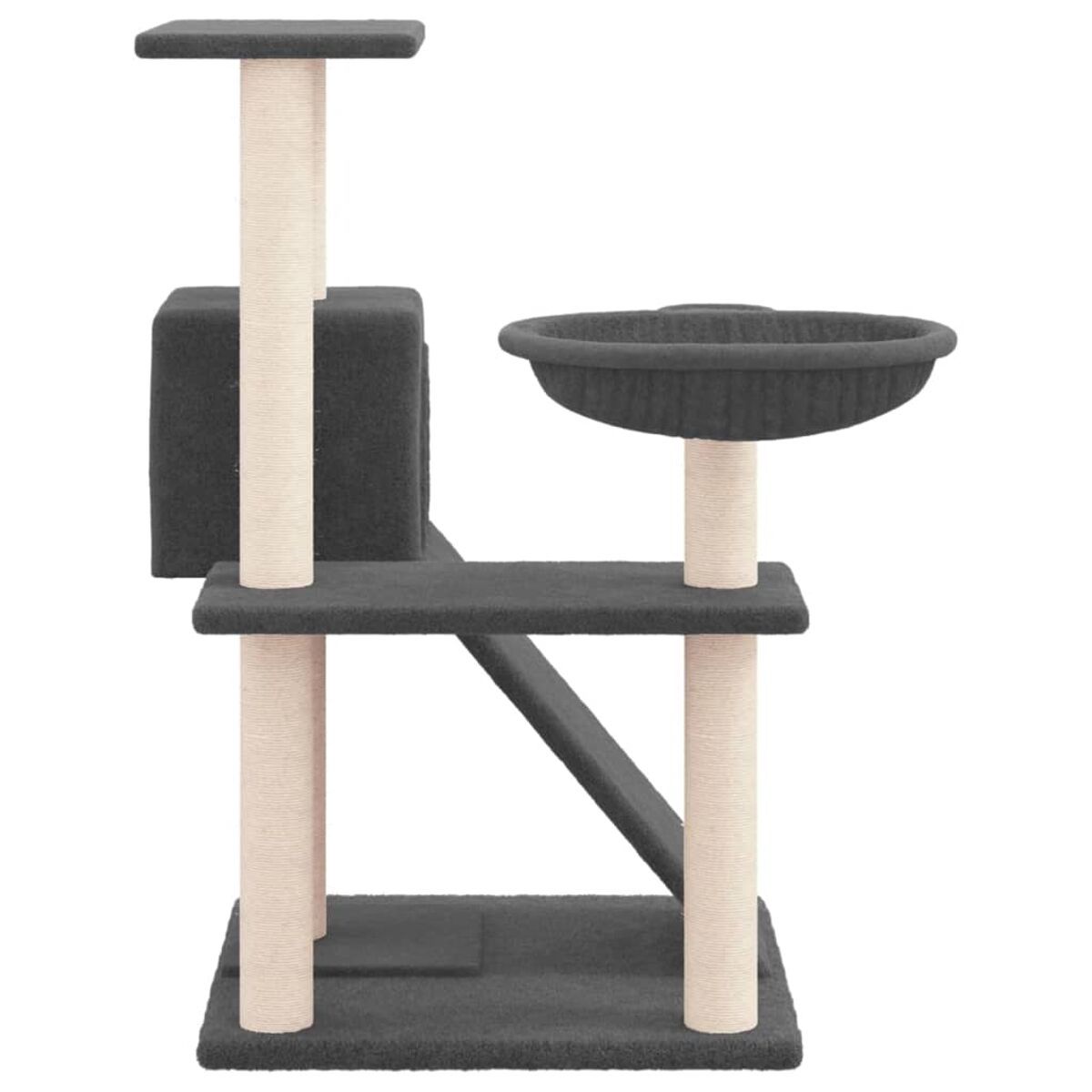 Ein mehrstöckiger Katzenbaum mit Kratzpfosten, Plattformen und einem schalenförmigen Bett.