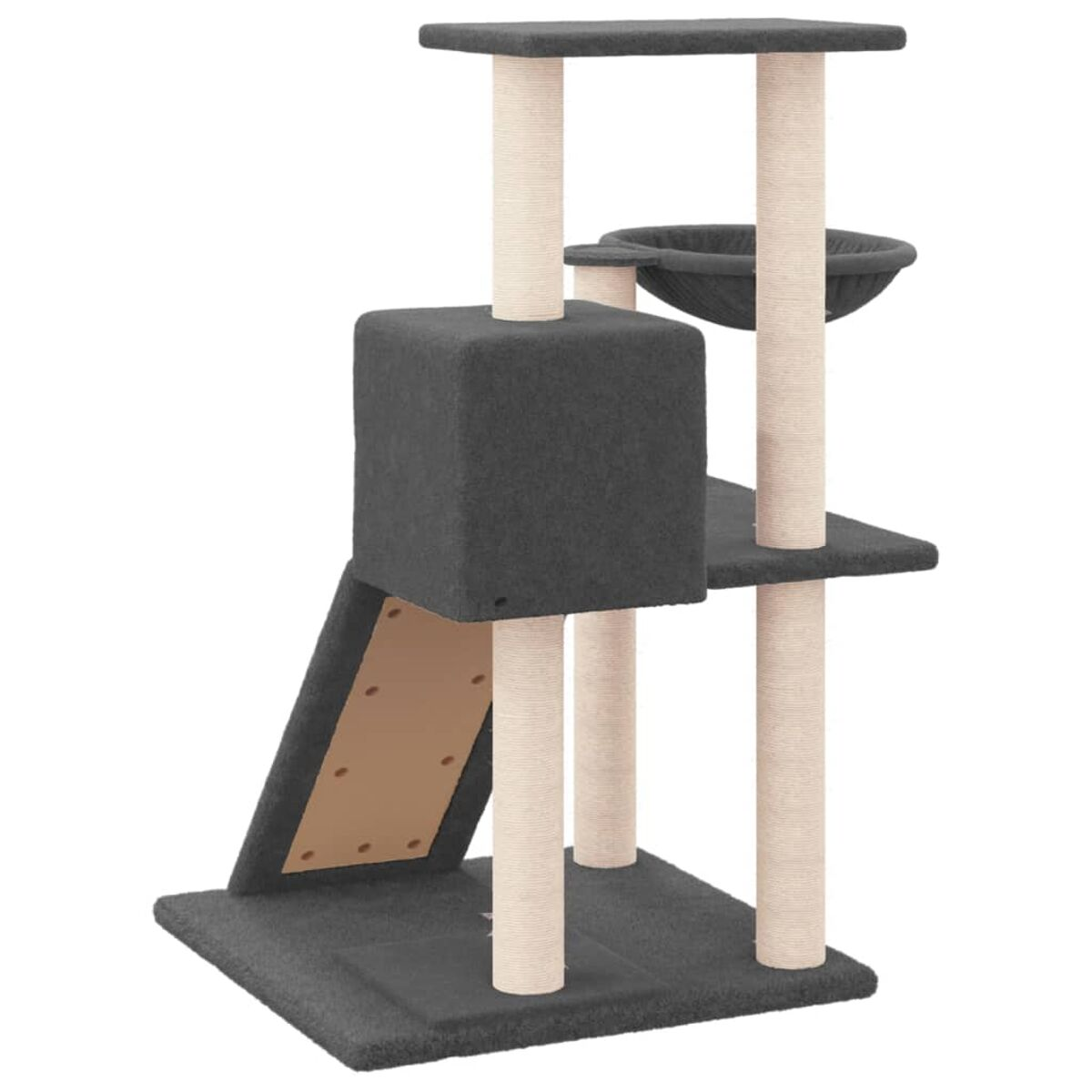 Grauer Katzenbaum mit mehreren Ebenen, Kratzbäumen und einem Bett.