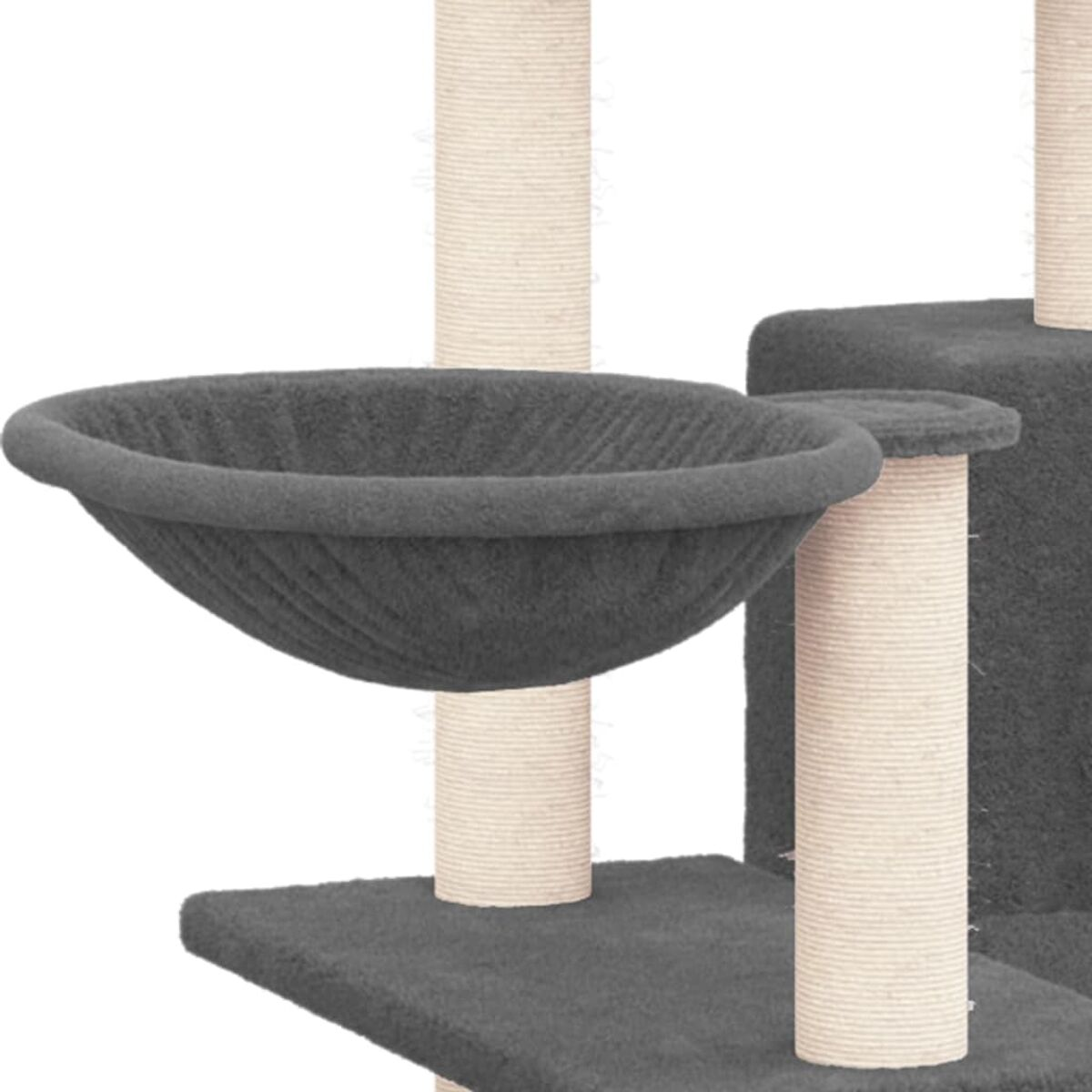 Katzenbaum mit grauem, schalenförmigem Bett und beigen Stützsäulen.