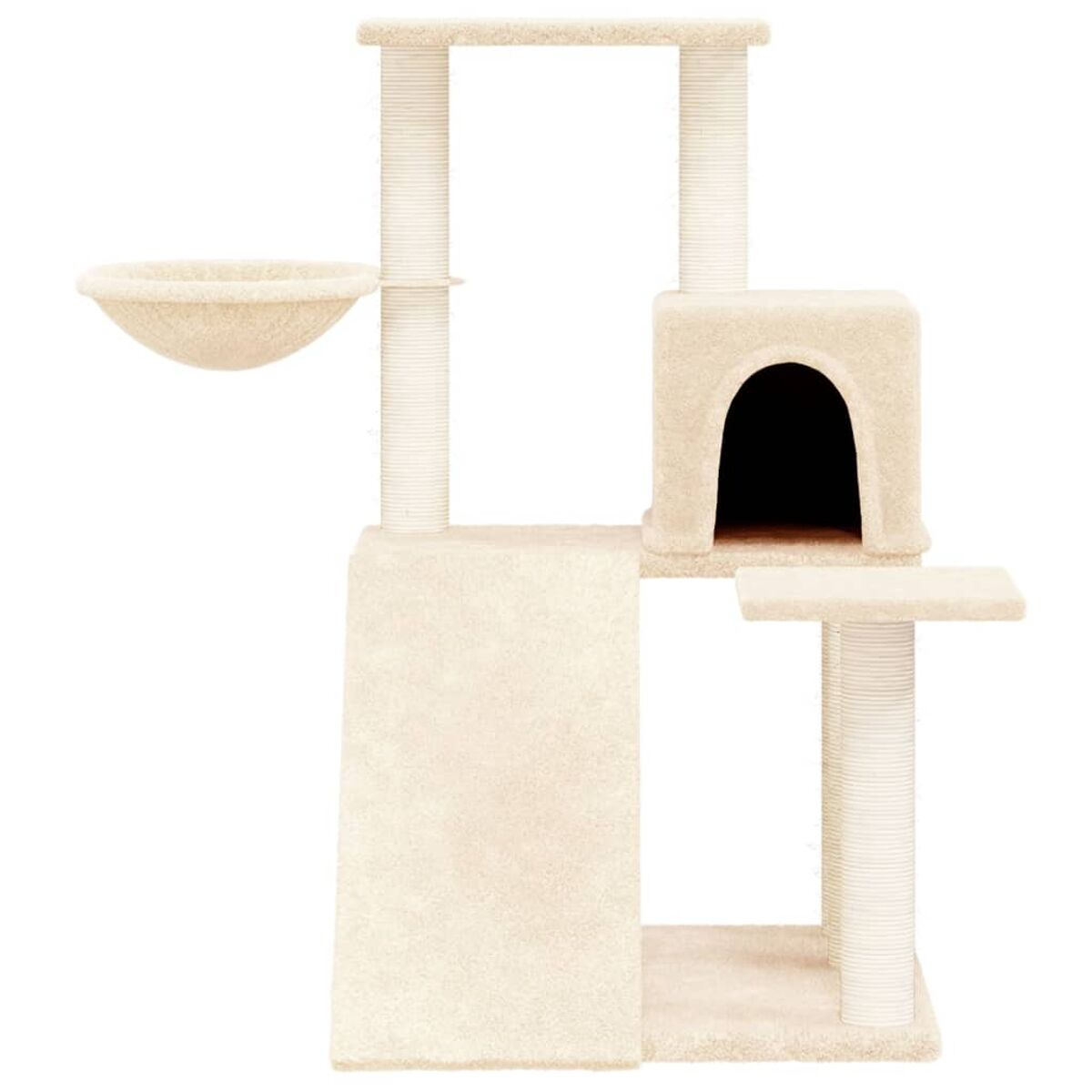Beiger Katzenbaum mit mehreren Ebenen, einer Schale, einem Versteck und Kratzbäumen.