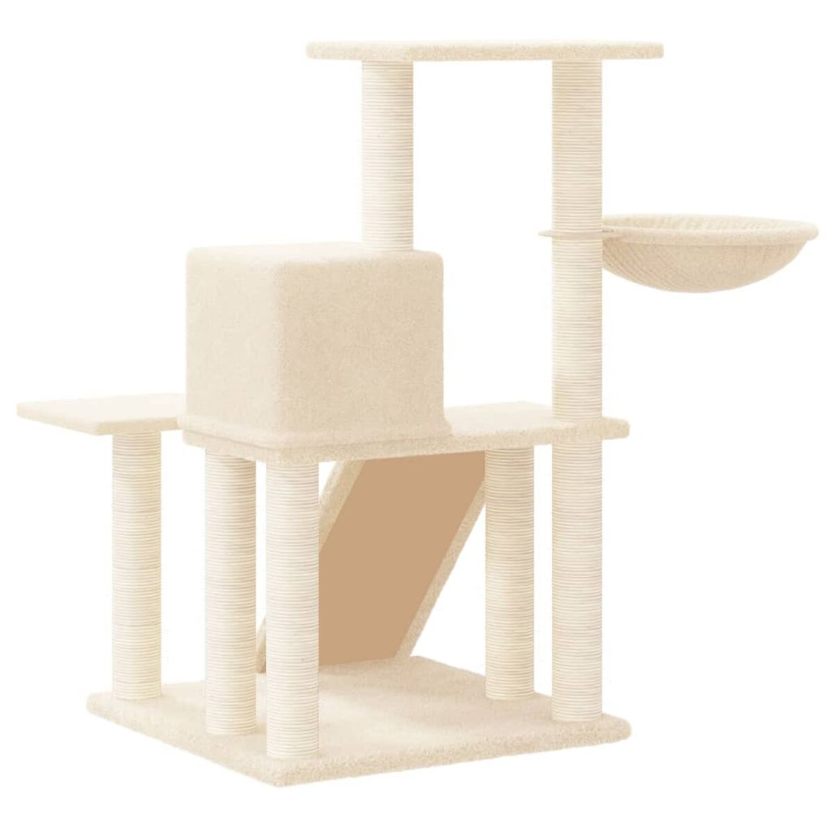 Beiger Katzenbaum. Er hat mehrere Plattformen, eine Höhle und ein Hängebett. Weißer Hintergrund.