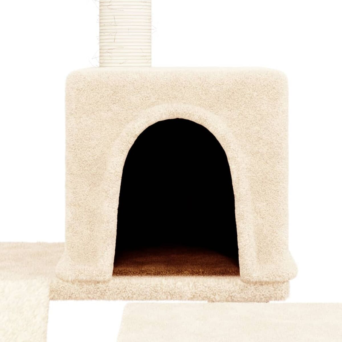 Ein Katzenbaum mit beigem Versteck, Kratzbaum und Basis.