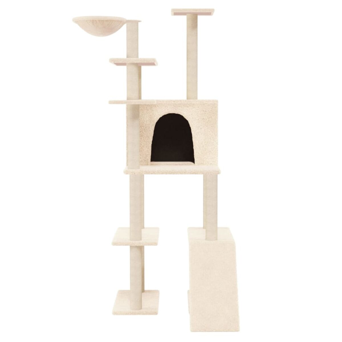 Katzenbaum mit beigefarbenen Teppichoberflächen, Plattformen und einer Höhle.